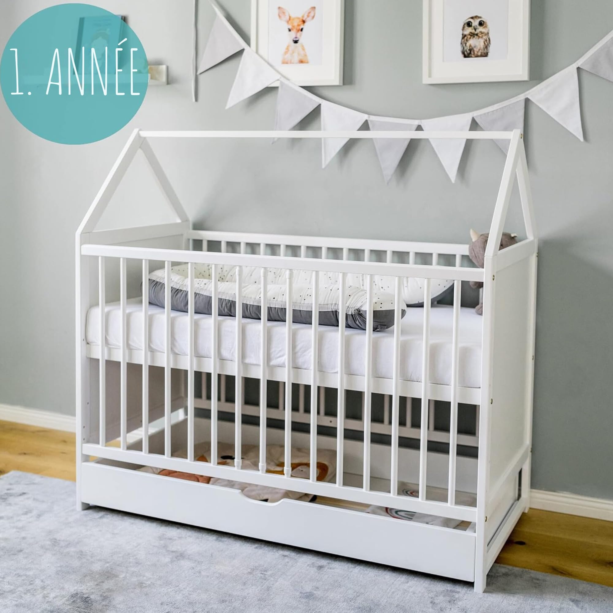 Kids Collective Lit d'appoint pour bébé - 120 x 60 cm - Blanc - avec tiroir - Réglable en Hauteur et Transformable