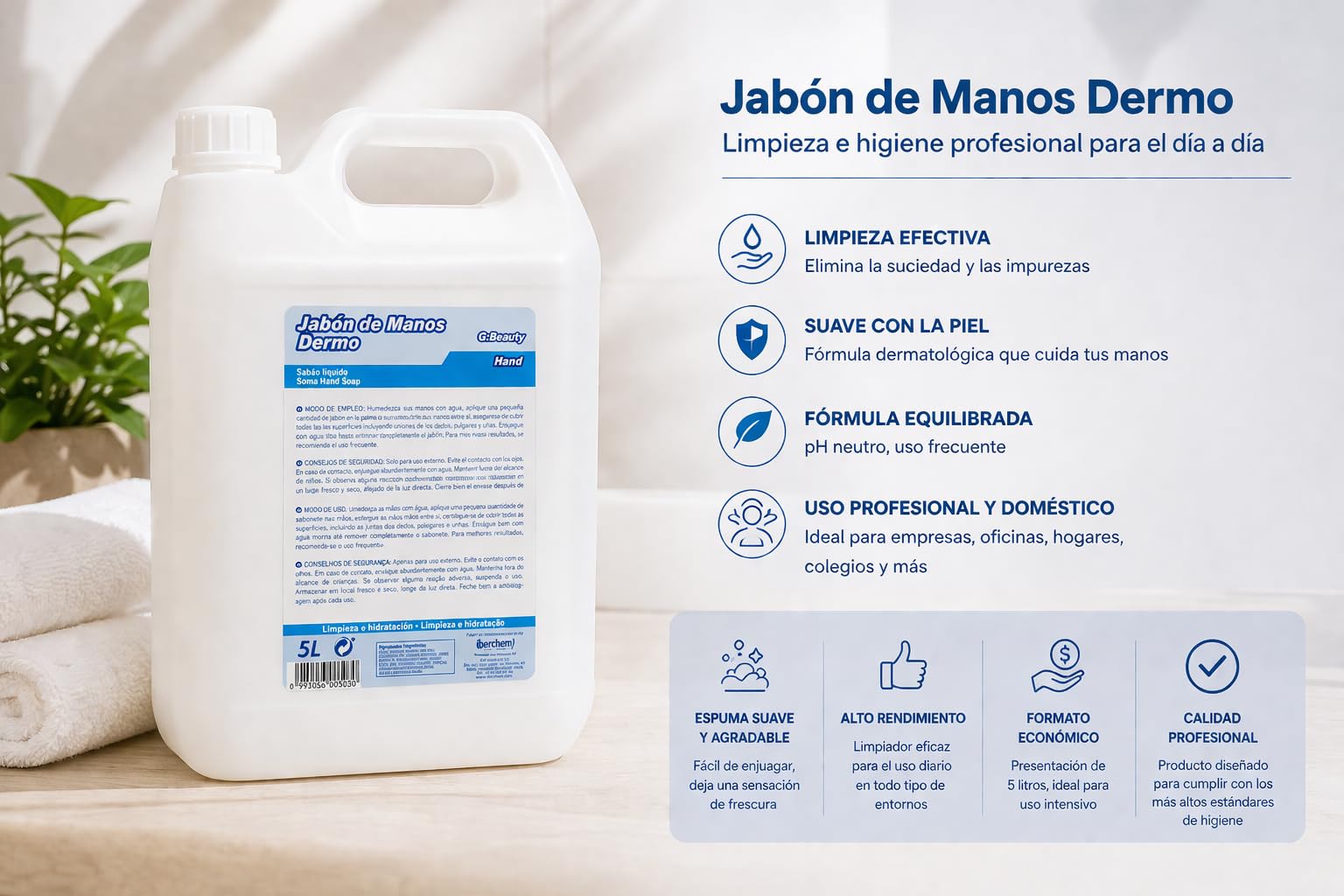 Gel de Manos Glossy Hand Dermo 5L – Higiene y Lavado de Manos Todo Tipo de Pieles – Efecto Limpiador y Desodorizante – Garrafa Industrial para Hotel, Vestuario y Uso Profesional