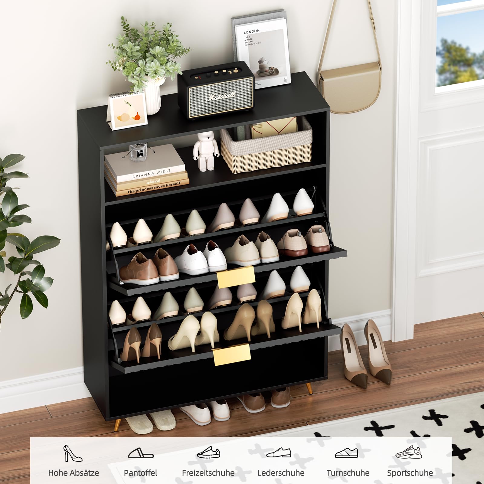 Urban Deco Schuhschrank Schwarz, 75 x 24 x 116 cm, Schuhkipper mit 2 Klappen, Schuhregal Schmal mit Metallfüßen, Schuhschrank Holz für Eingangsbereich, Flur, Schwarz