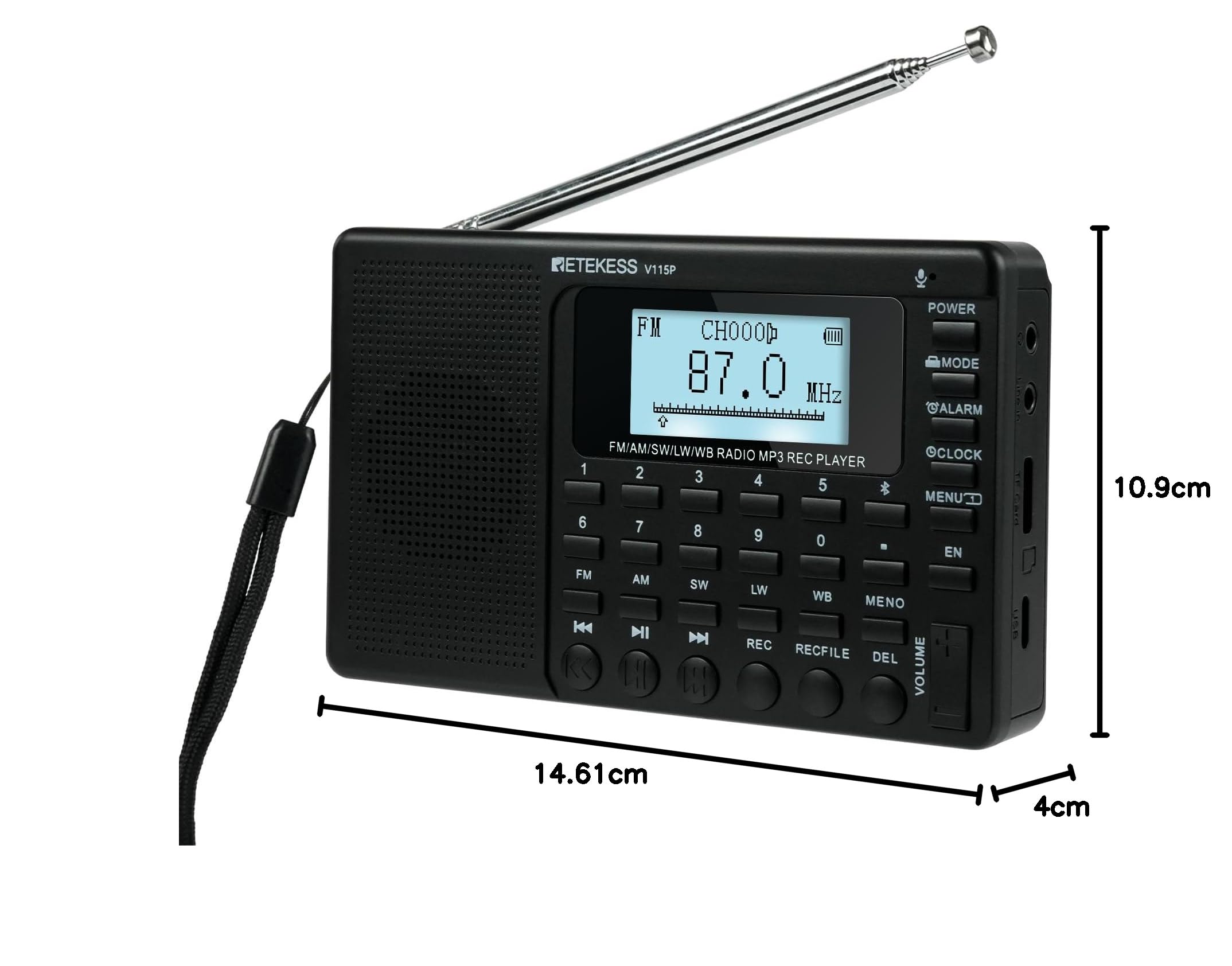 Retekess V115P Tragbares Digitales Radio,Radio Batteriebetrieben,AM FM SW LW WB,1800mAh Wiederaufladbare,TF/AUX,Aufnahme, Taschenlampe, Sleep-Timer, Wecker, für Notfälle, Camping
