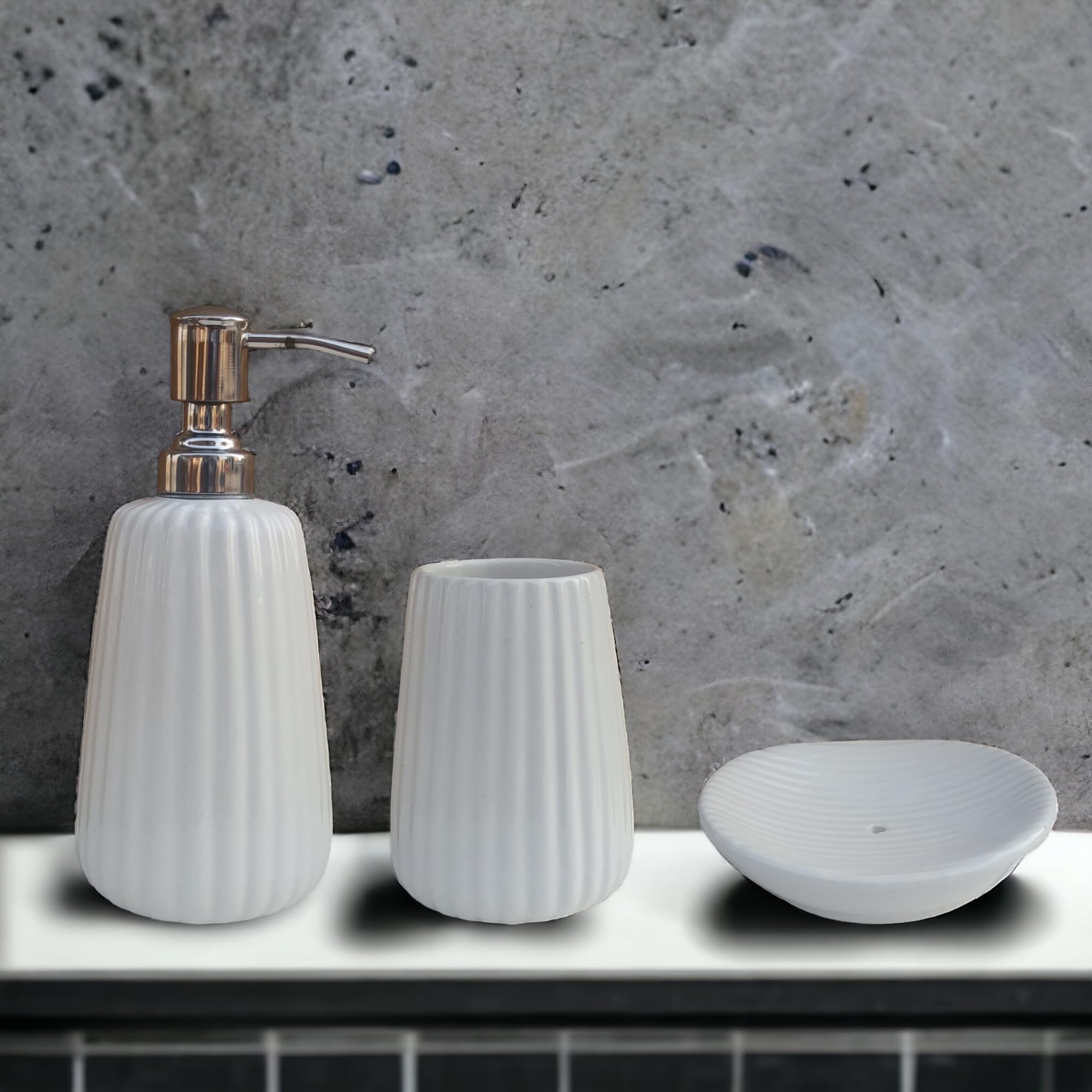 MADARKS Ceramic Bathroom Set of 3 Pcs | Soap Dispenser | Toothbrush Holder | Soap Dish | Soft White Colour | Musk Melon Design (B0CZXT43MM) Amazon Price History, Amazon Price Tracker