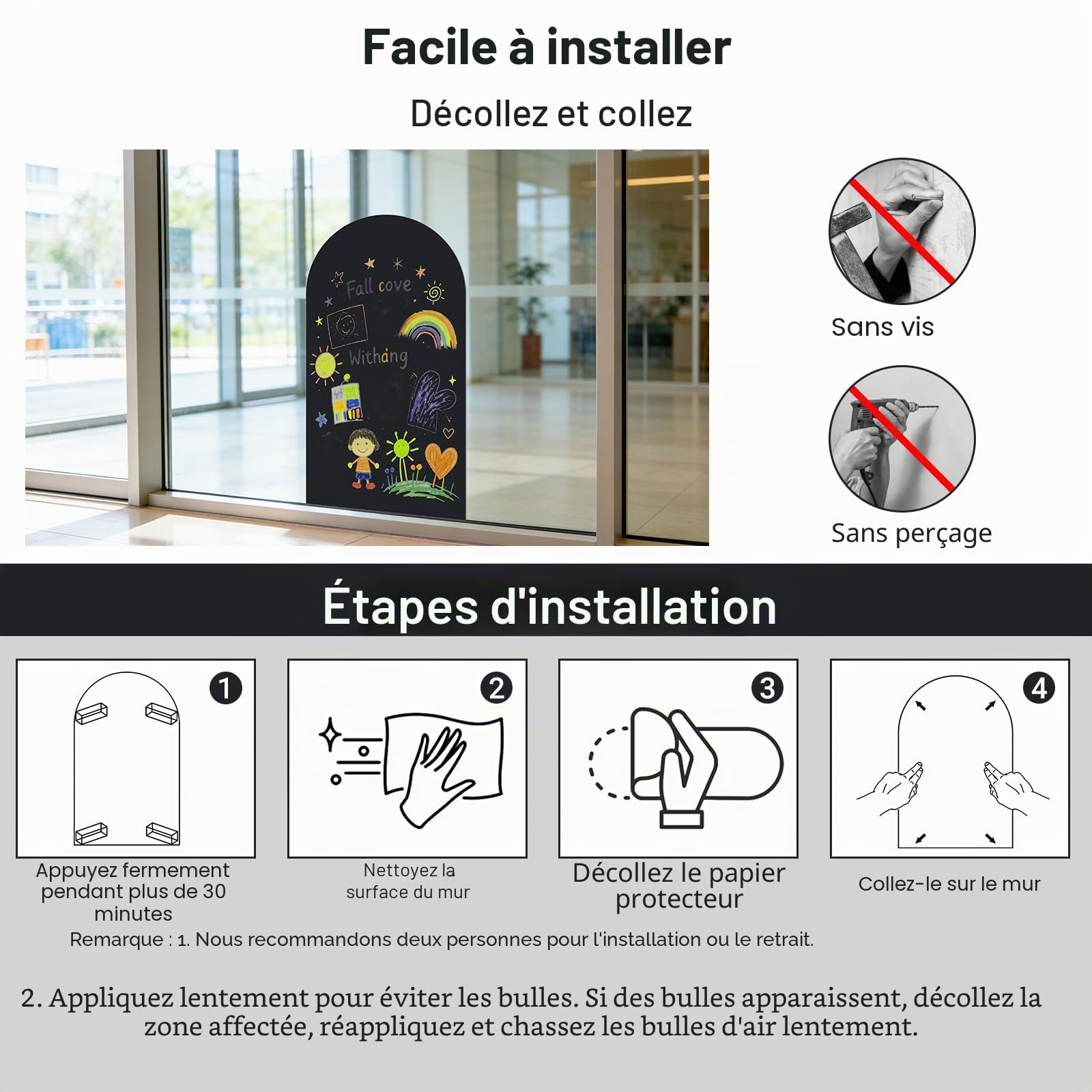 Tableau Noir Magnétique Autoadhésif 80 x 40 cm – Feuille Murale Effaçable avec Surface Magnétique, Design Arche, Inclut Craies, Chiffon et Aimants – Maison, Bureau, École (Noir)
