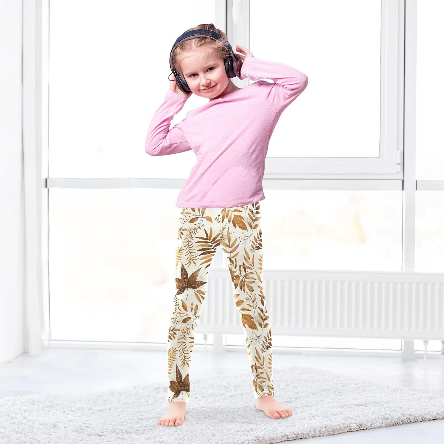 Kids Full Length Leggings Retro Leaf Gold
