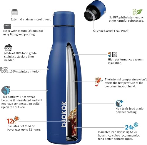 Miniatura 3 de BJPKPK 17oz Insulated Water Bottles Stainless Steel Sports Water Bottles Keep Cold and Hot for Travel Dishwasher Safe,Blue Azul