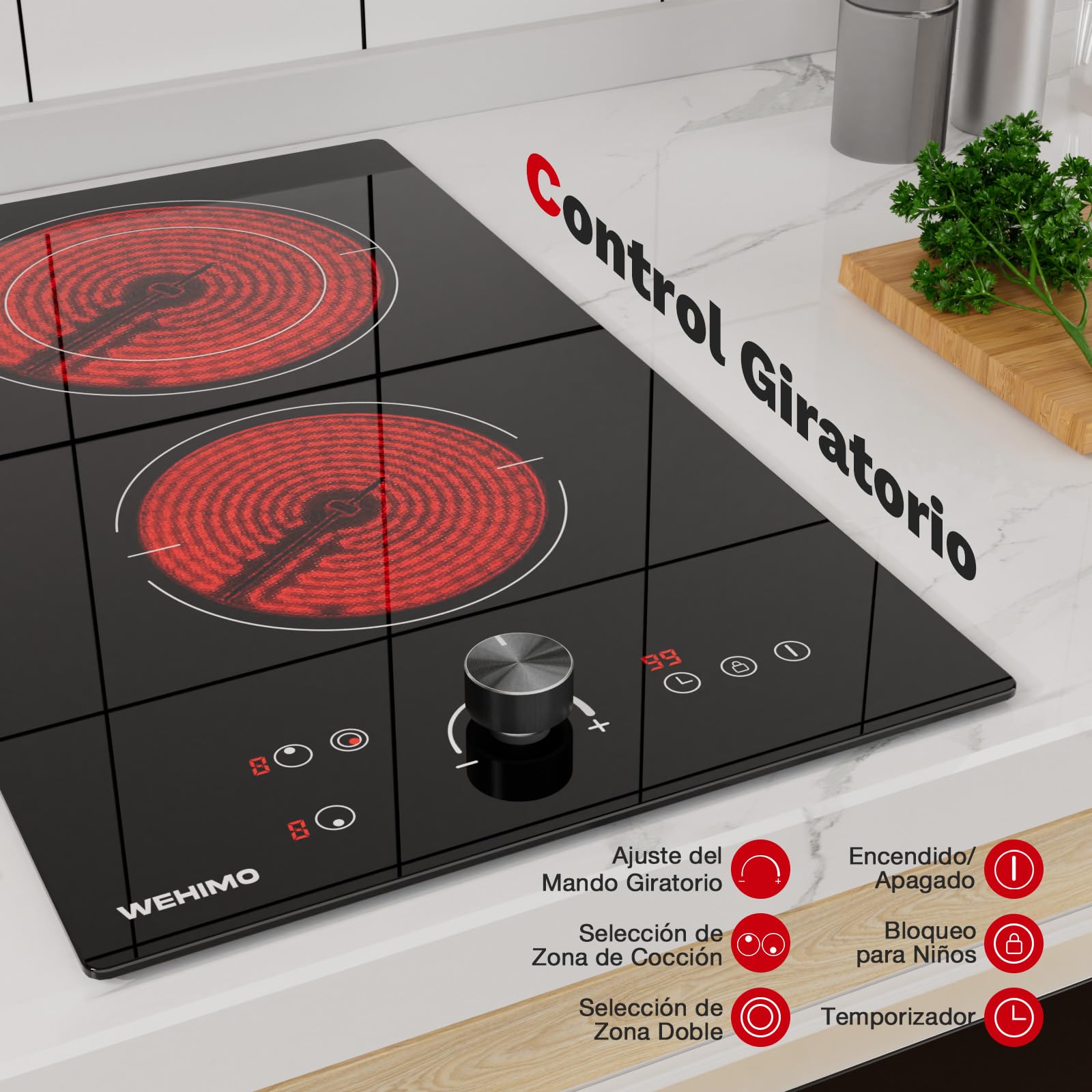 WEHIMO Placa Vitroceramica 2 Fuegos, 3400W, Control con Mandos Giratorios, Quemadores de Doble Corona, 9 Niveles de Potencia, Control Táctil, Seguridad para Niños, Temporizador de 1 a 99 Minutos