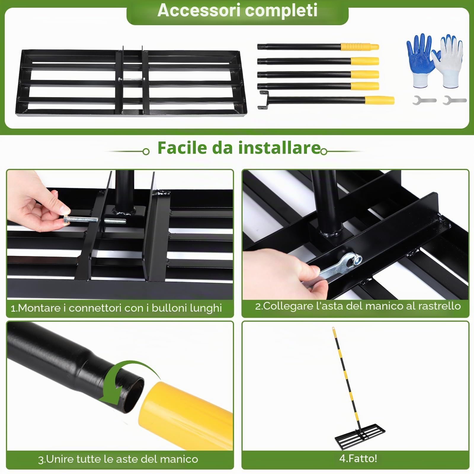 DBREAKS Rastrello Livellatore per Prato, 75 x 26 x 182 cm, Livellatore Prato in Acciaio inox, Rastrello per livellamento del Prato con Barra Regolabile e Manico in Antiscivolo, per Patii, Giardini