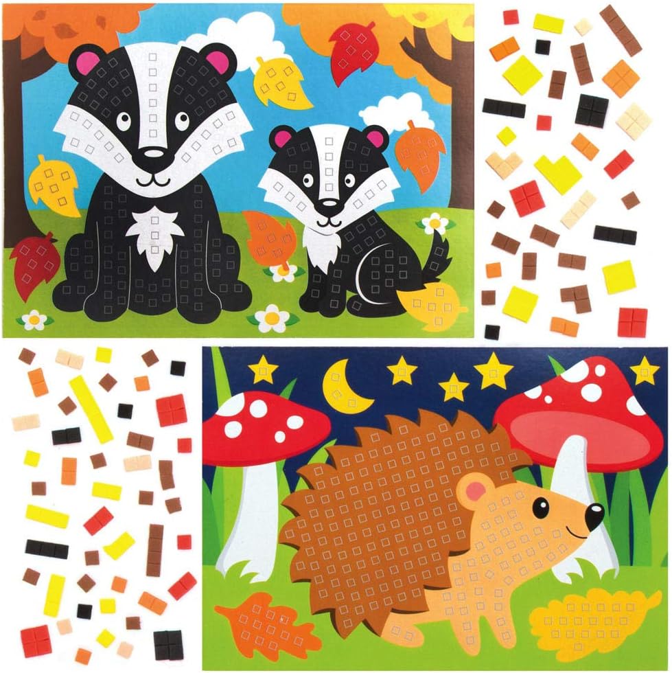 Baker Ross AX209 Woodland Animal Mosaic Kits for Kids - Pack of 4, Peel and Stick Crafting Activities This Christmas Festive Season