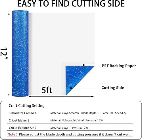 Miniatura 3 de AHIJOY Vinilo adhesivo permanente azul brillante con purpurina de 12 x 5 pies, vinilo brillante con purpurina para cortador de manualidades,
