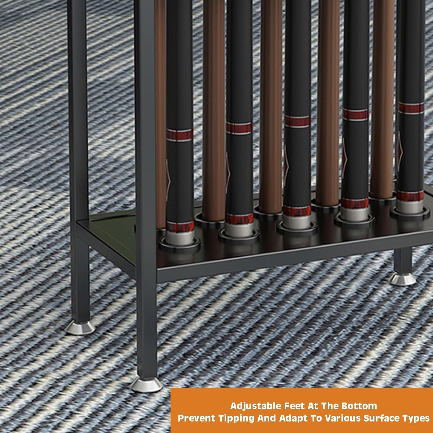 Gold Floor Stand Billiards Cue Rack - Pool Cue Storage Organizer with Rubber Protective Ring, No Assembly Required, Holds Up to 20 Cues - Ideal Billiard Room Equipment