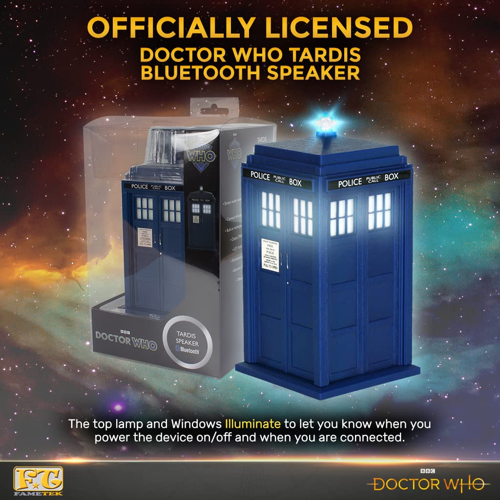 FAMETEK Altavoz Bluetooth Doctor Who Tardis. Reproduce música, se ilumina, efectos de sonido detallados de la tardis. El mejor regalo de Doctor Who. Coleccionables de Doctor Who