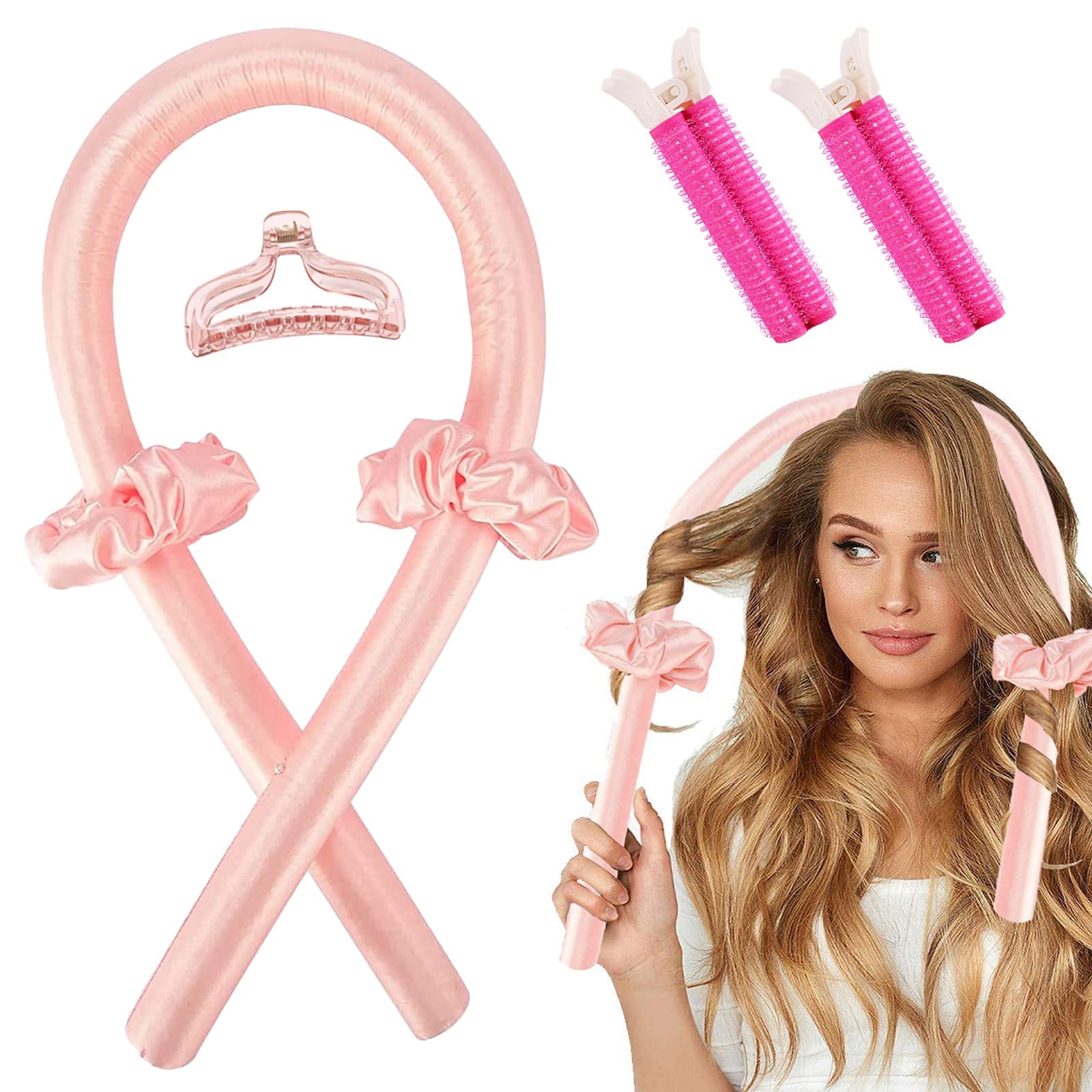 DKDDSSS Rizador Pelo Sin Calor, Rizador de Pelo Sin Calor, Heatless Hair Curlers, Ondas Pelo con Clip, Rizadores de Pelo Sin Calor Para Cabello Largo (Rosa)
