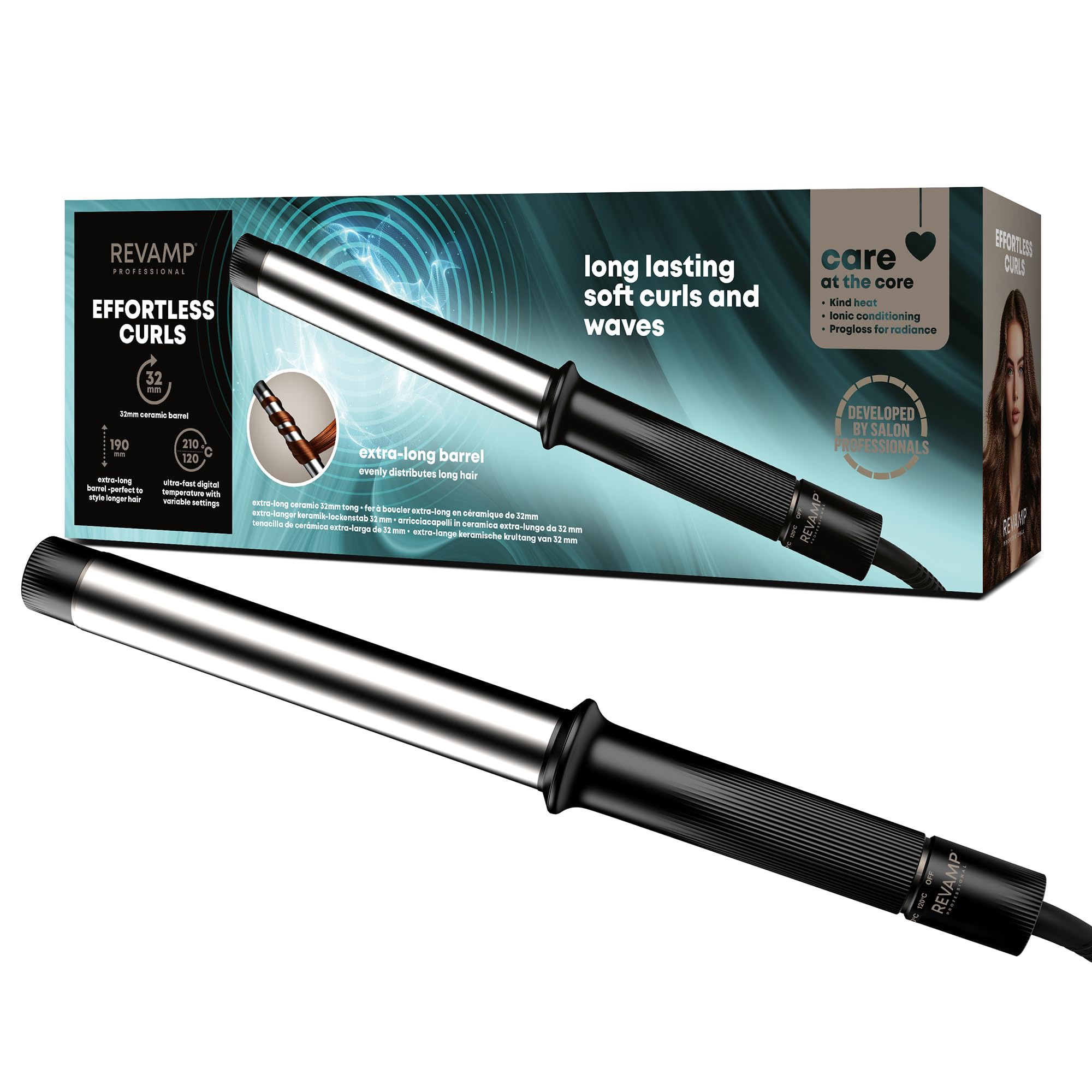 REVAMP Effortless Curls lokówka 32 mm bardzo długa lokówka - jonowy cylinder ceramiczny, równomierne ciepło, do długich włosów - profesjonalne falowanie i błyszczące loki