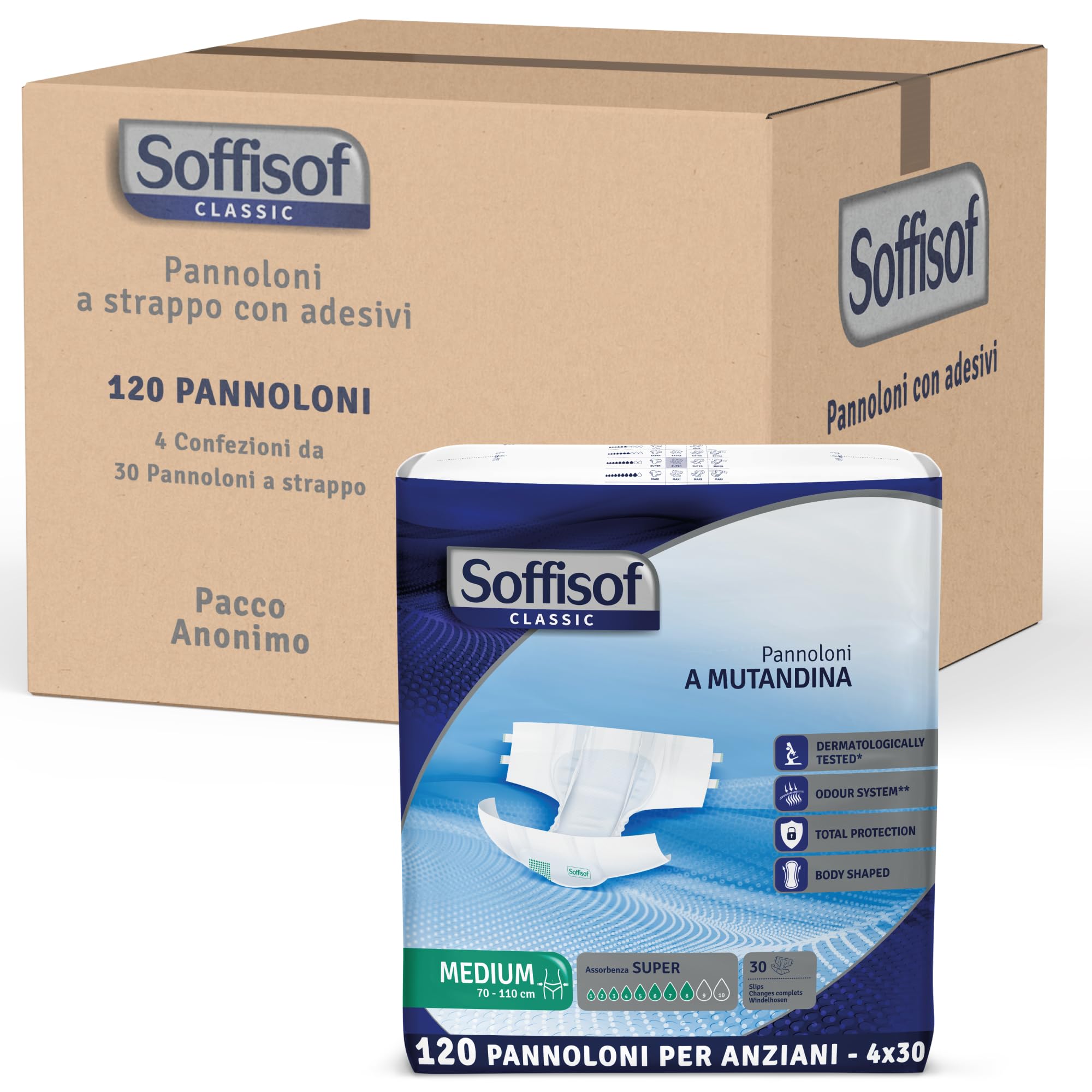 Soffisof Classic Pannoloni con Adesivi Super M - 120x Pannoloni per Anziani a Mutandina - 4 Confezioni da 30 Pezzi, Assorbenza fino a 8 Gocce - Ausili Incontinenza Uomo e Donna