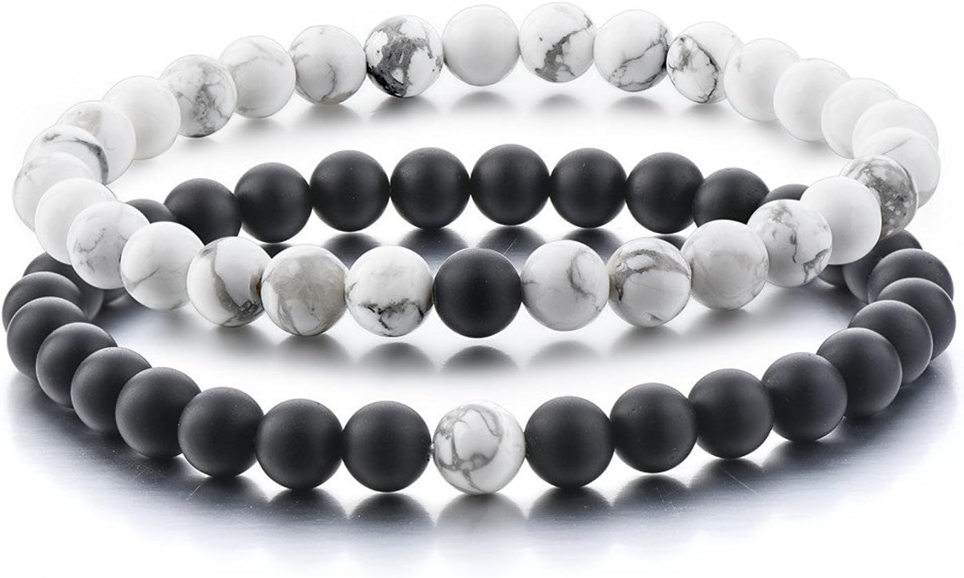 Believe London® Distance Bracelets With Jewellery Bag & Meaning Card | Strong Elastic | Friends Relationship Couples His Hers Black Agate Onyx White Howlite