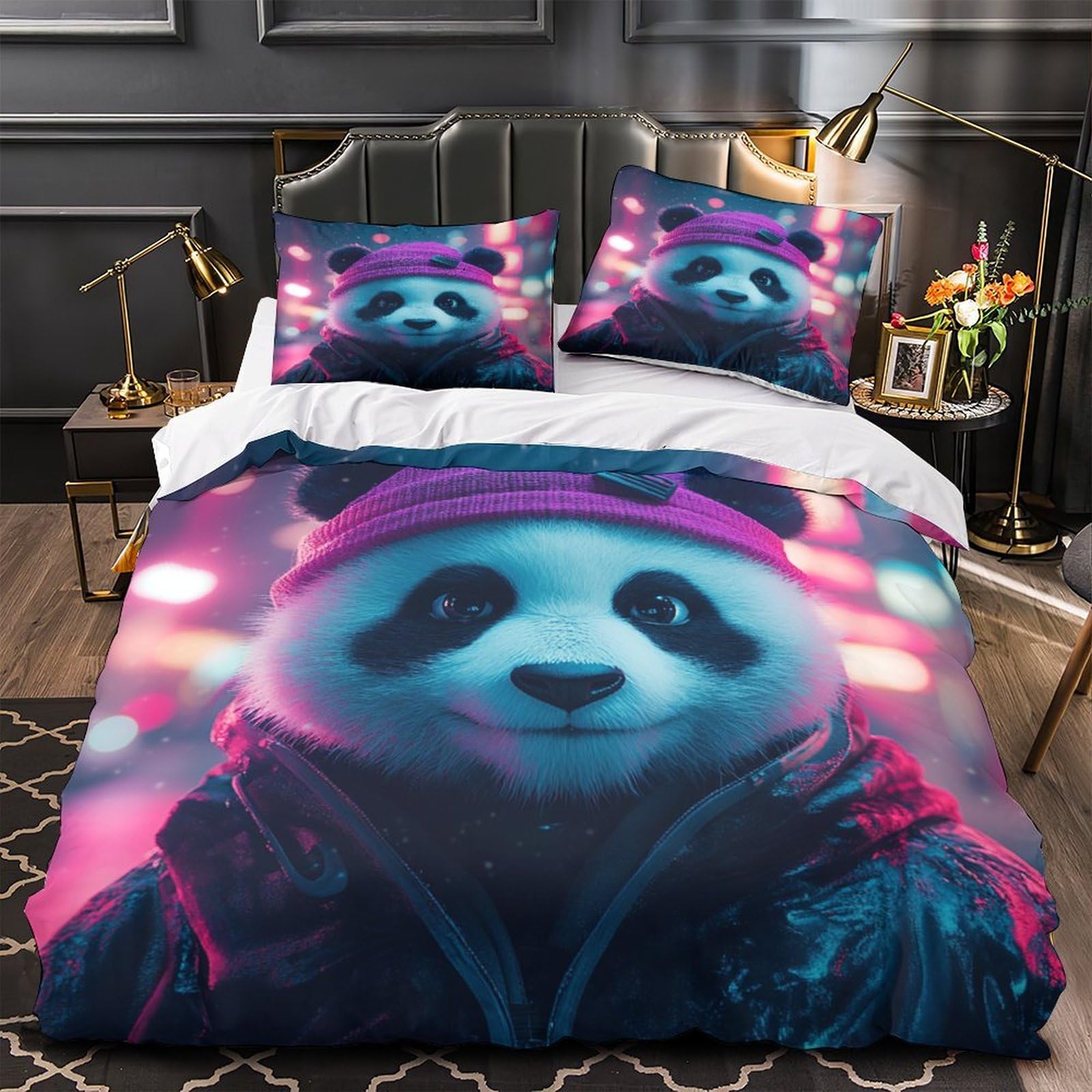 Housse de couette anti-tache panda 3D 260x220cm pour simplifier le linge de lit familial