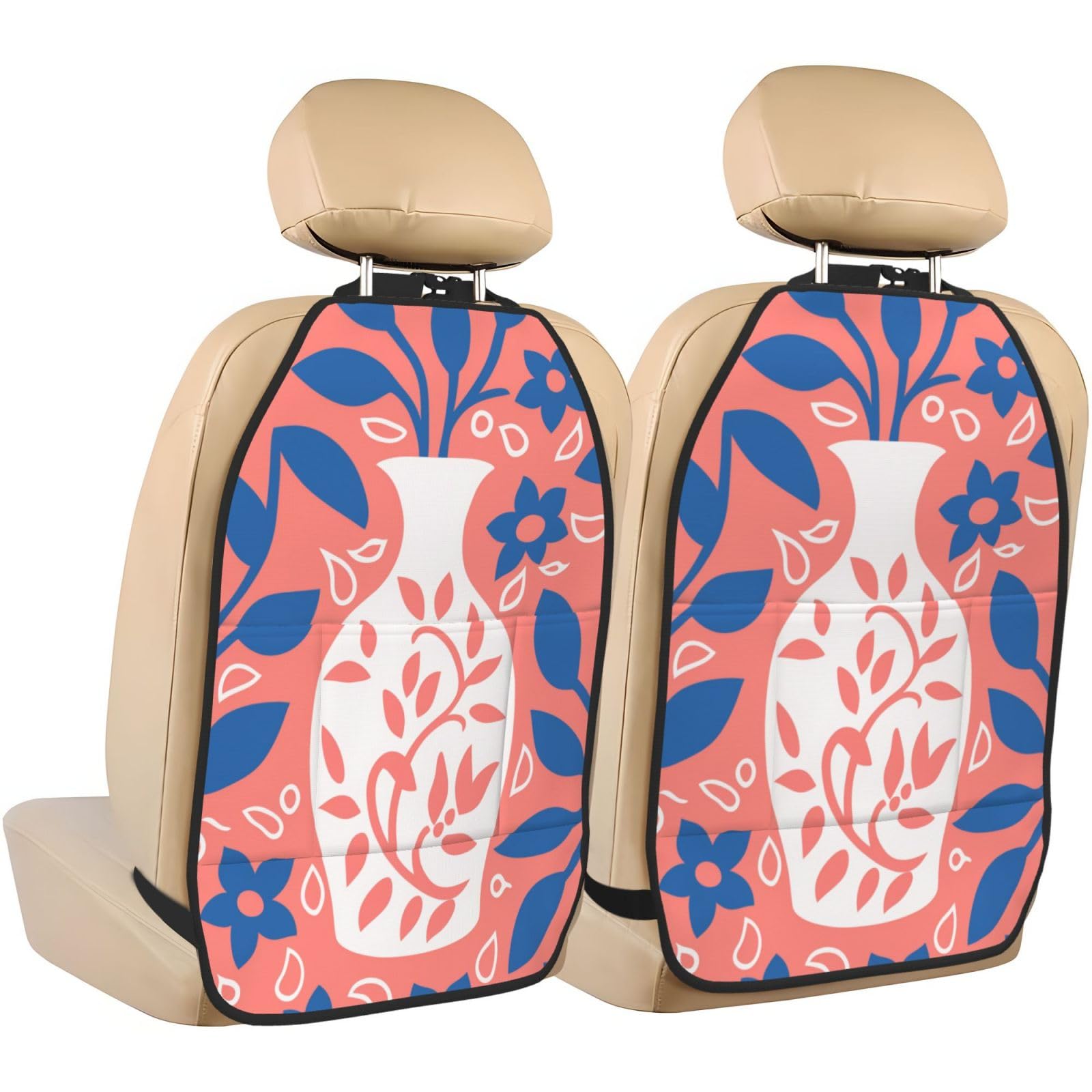 Whimsical Flowers in Vase Boho Car Seat Back Kick Protectors,2 Pack Kick Mats with Storage Pockets for Vehicles to Protect from Dirt Mud Scratches