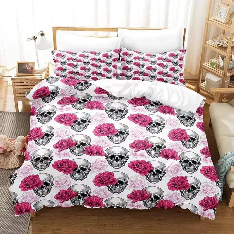 Parure de lit 240x260 en microfibre 110g/㎡ motif crâne fleuri haute densité