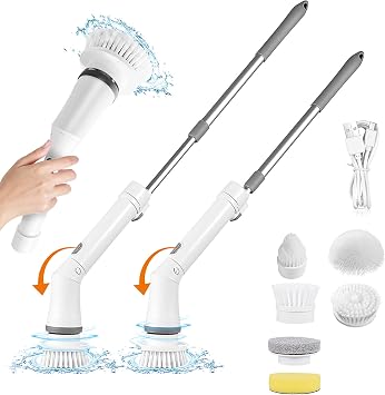 Moclever Electric Spin Scrubber Cordless, Rechargeable, 400RPM Powerful Cleaning Brush with 6 Replaceable Heads, 2-Speed Adjustment & Extendable Handle for Bathroom, Tile, and Grout