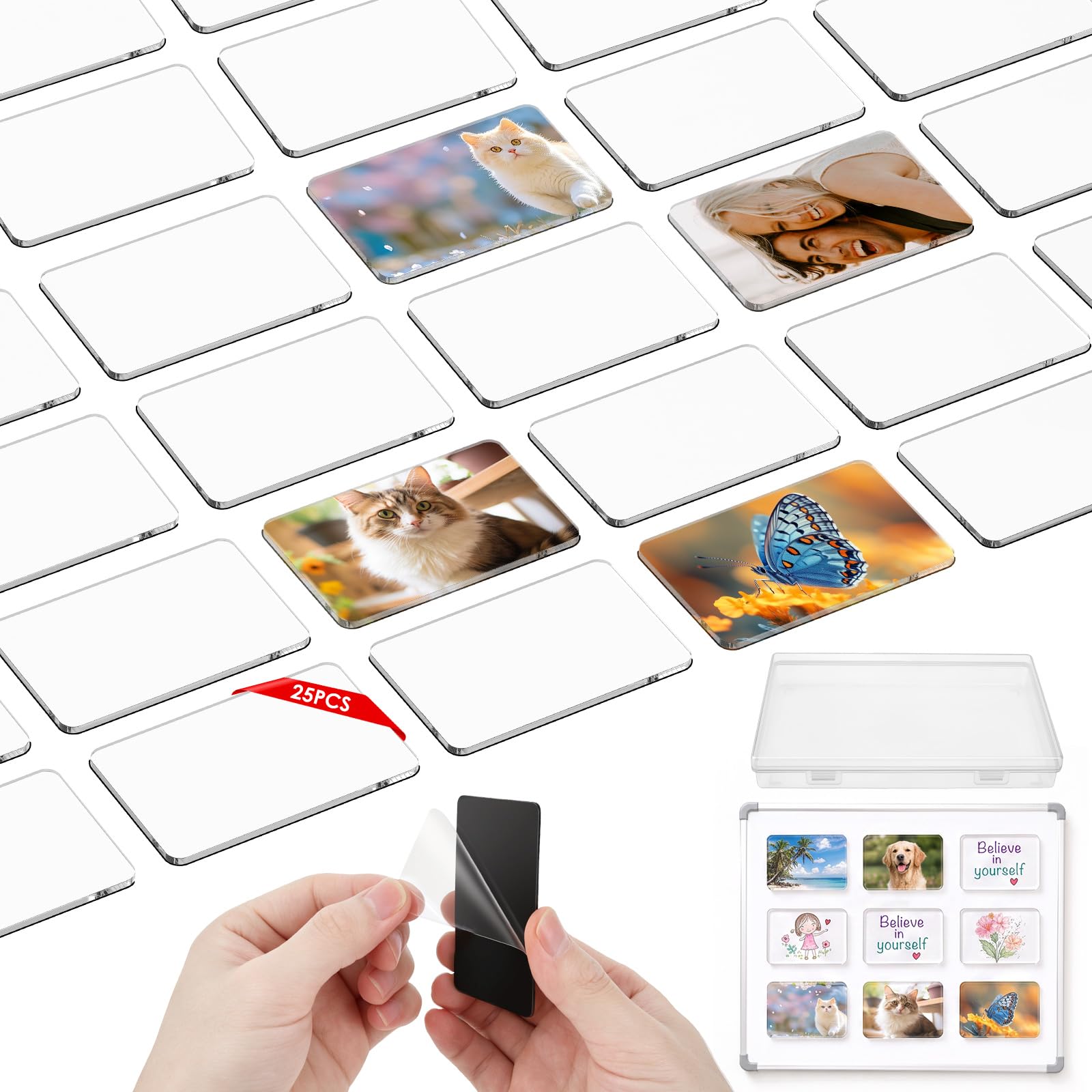 25 Pack DIY Fridge Magnets, Clear Acrylic Photo Magnet Kit