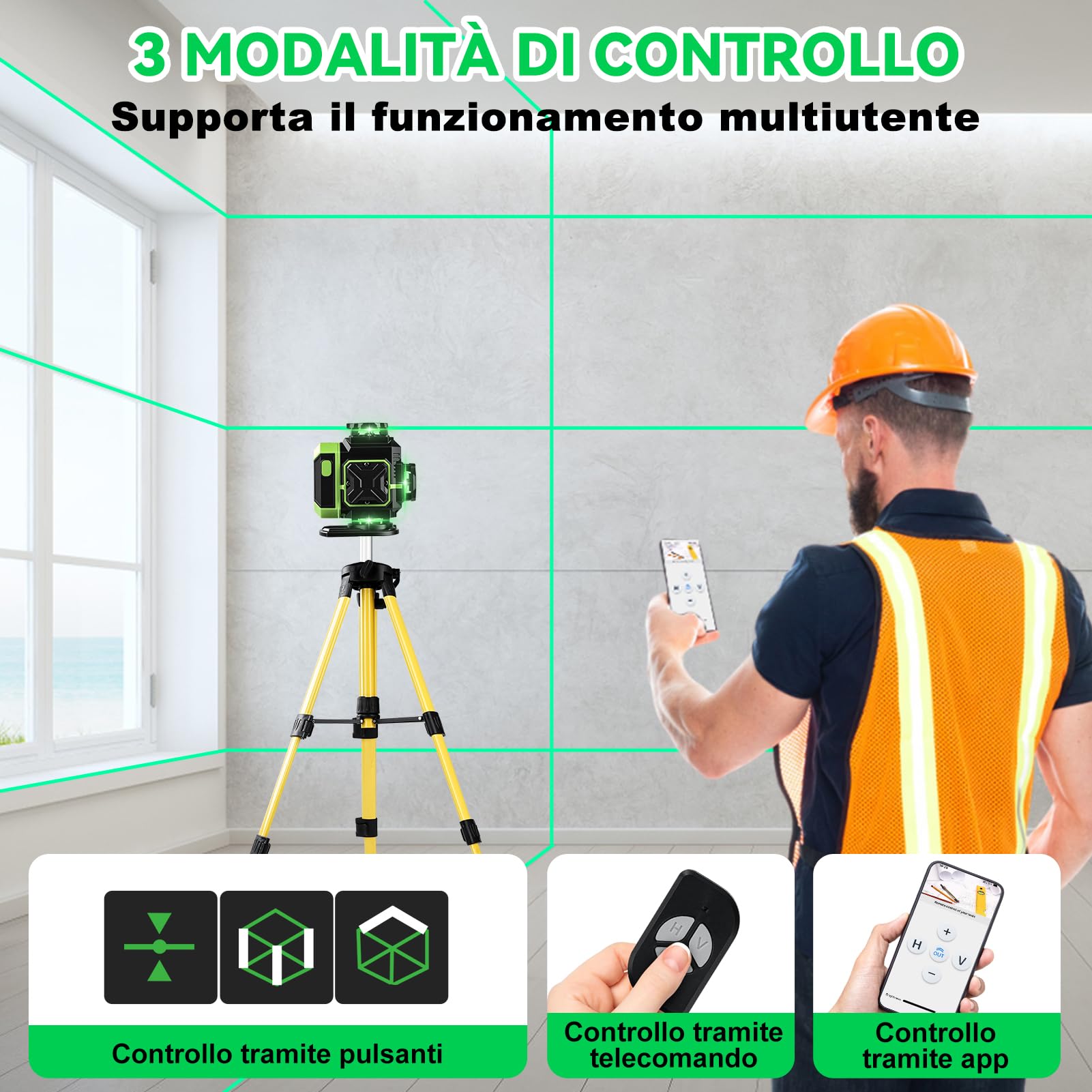 Livella Laser Autolivellante, 16 Lines 4 x360° Livella Laser Verde Potente con Treppiede Telescopico, 4D livella Laser a Linee Incrociate Dispositivo di Livellament, 3600mAh x 2 Batteria