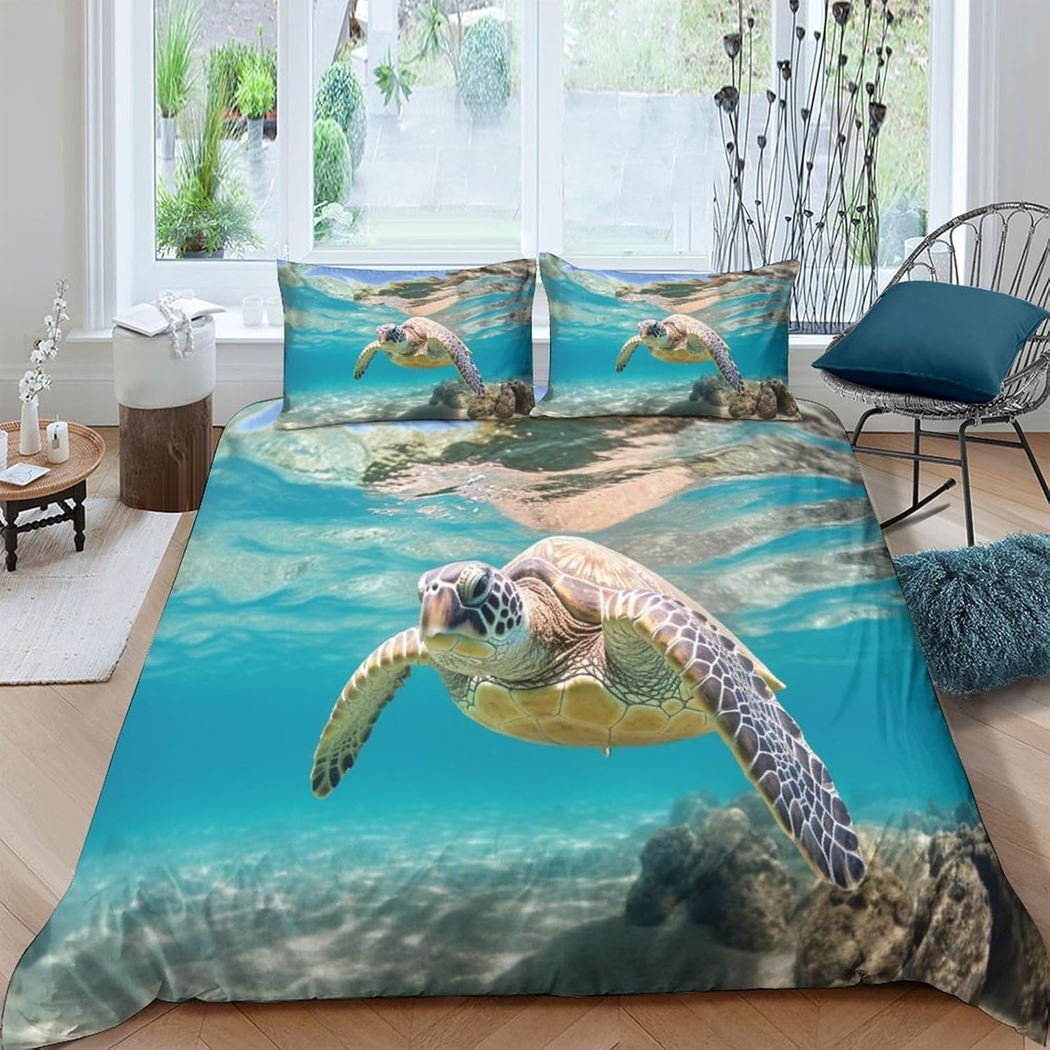 Housse de couette tortue en microfibre hypoallergénique et respirante pour lit 2 personnes