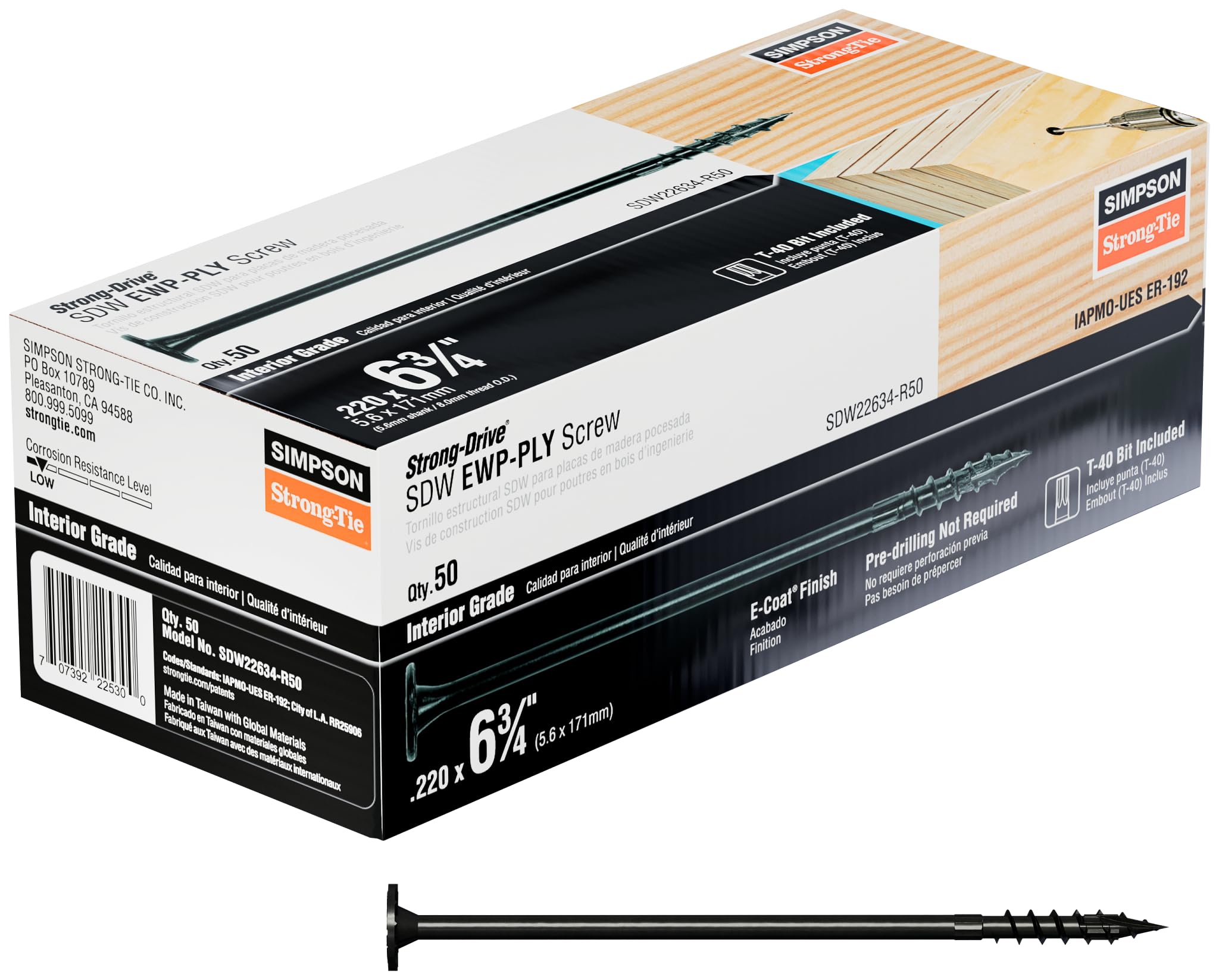 Simpson Strong-Tie SDW22634-R50 Strong-Drive SDW EWP-PLY Screw .220 in. x 6-3/4 in. T40 6-Lobe, E-Coat (50-Qty)