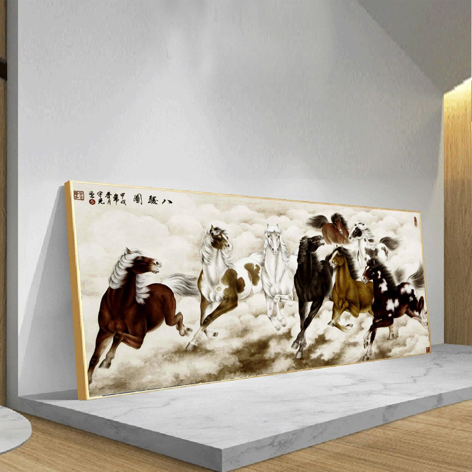 huit chevaux courant dans les nuages toile art mural encre de Chine affiche peinture style galopant cheval photos impression d’art pour salon bureau décoration intérieure 40x101cm avec-cadre-doré