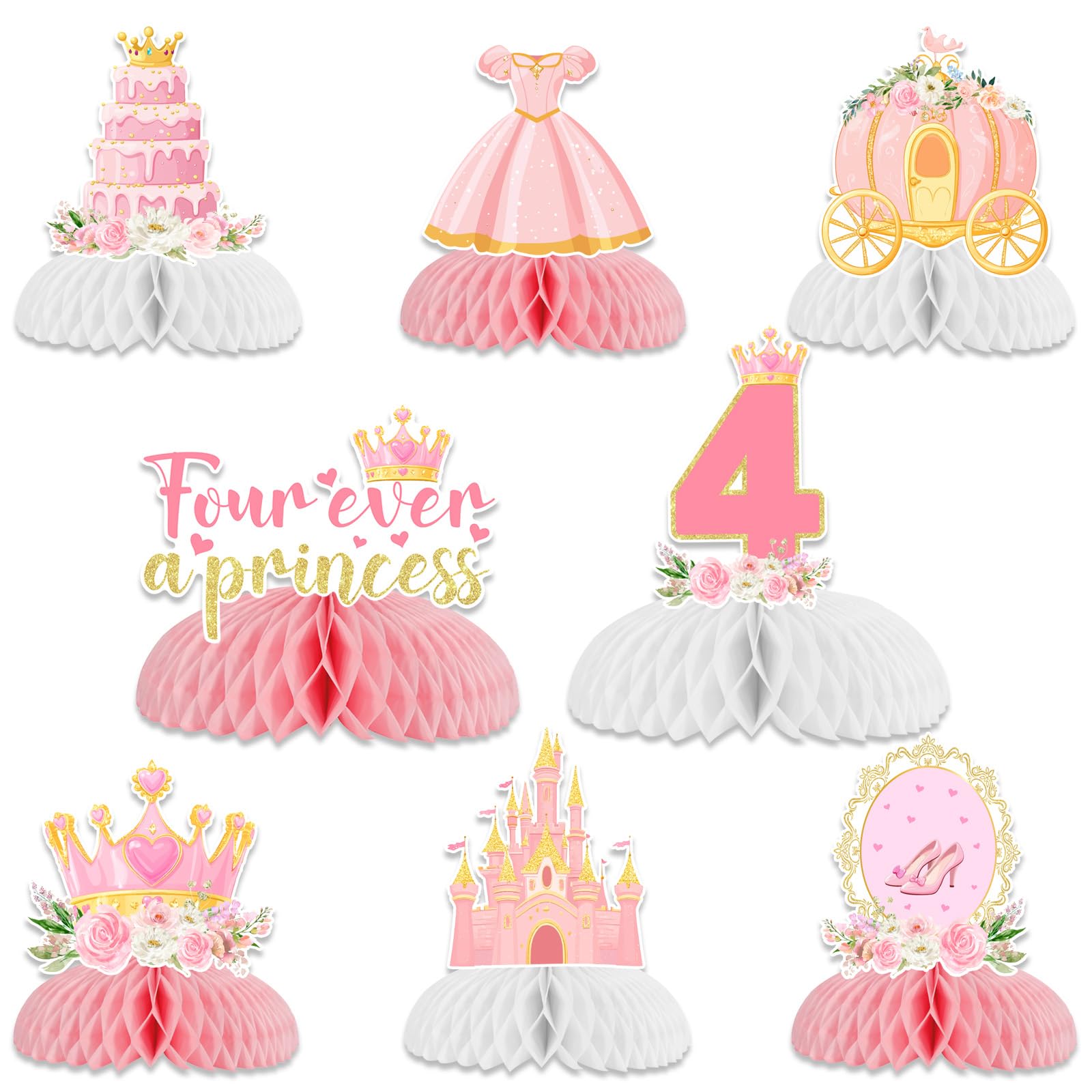 Sursurprise Princess 4th Birthday Party Decorations, 8Pcs Four Ever A Princess Honeycomb Centerpieces Table Toppers for Girls, Princess Themed 4 Years Old Birthday Party Supplies