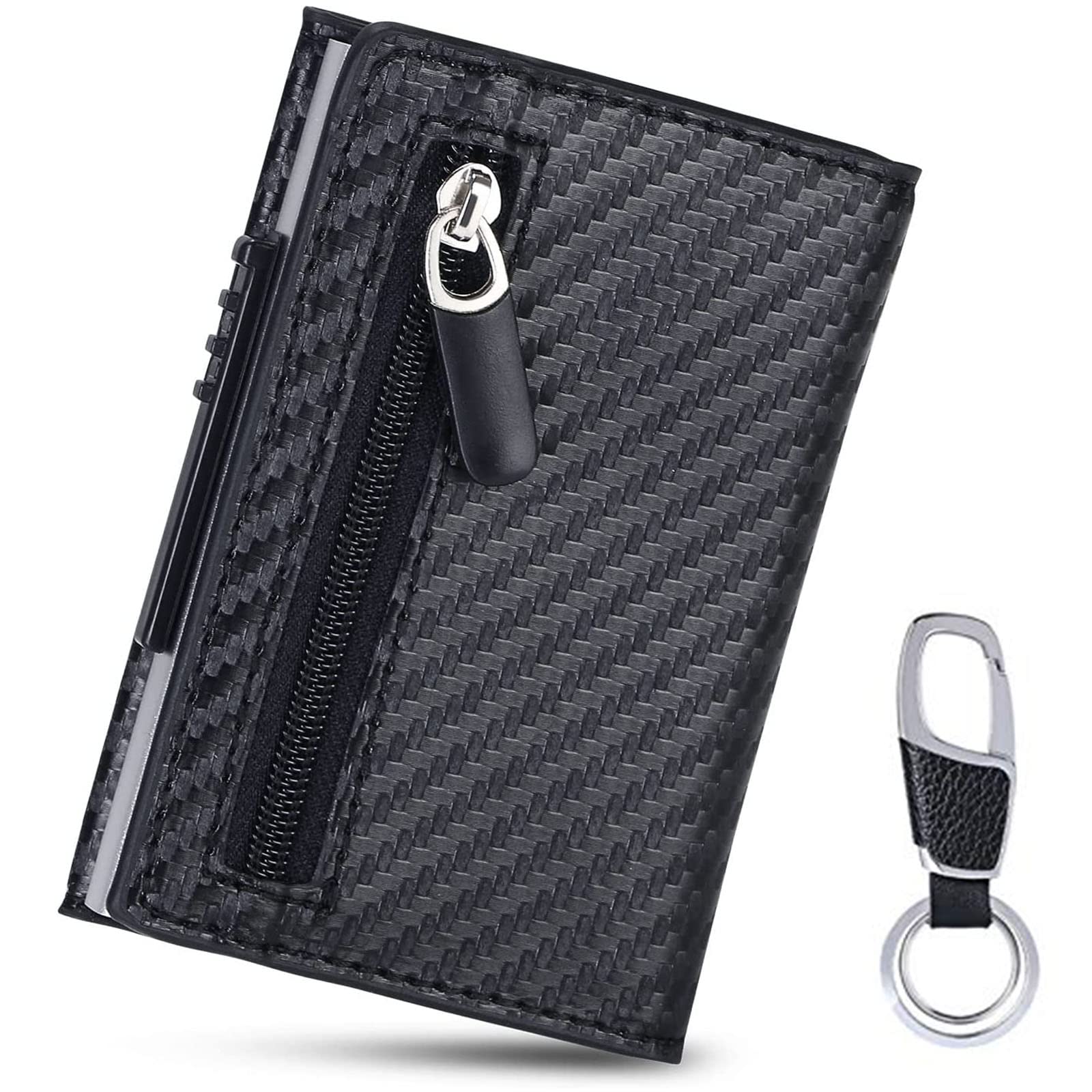 flintronicCredit Card Holder, RFID Blocking Slim Wallet, Leather Card Case, Aluminum Business Card Holder Automatic Pop-up for Men and Women-Black