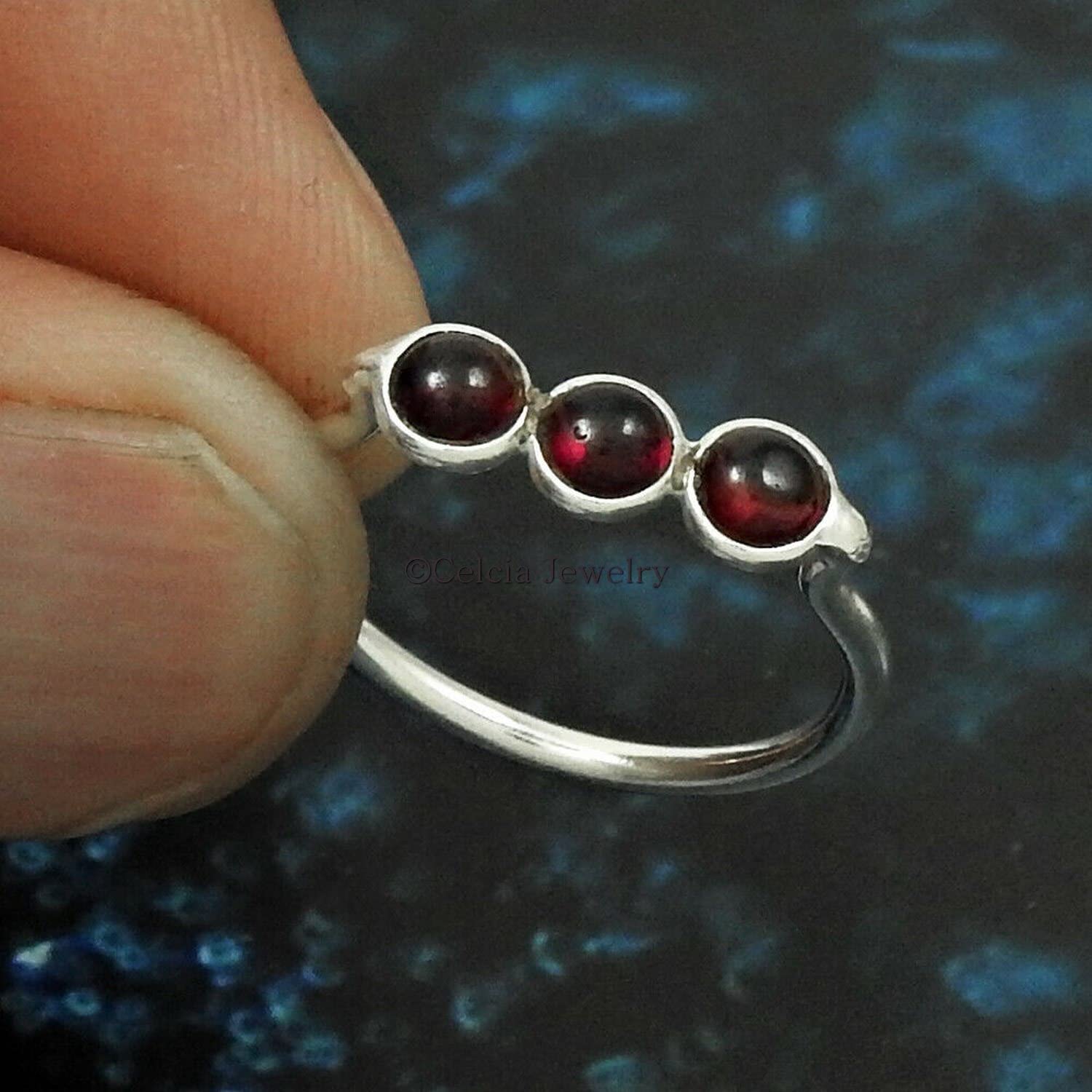 Anillo de piedras preciosas de granate natural, plata de ley 925 real, anillo de 3 piedras semipreciosas, anillo apilable, piedra de nacimiento de enero, regalos del día de San Valentín para novia