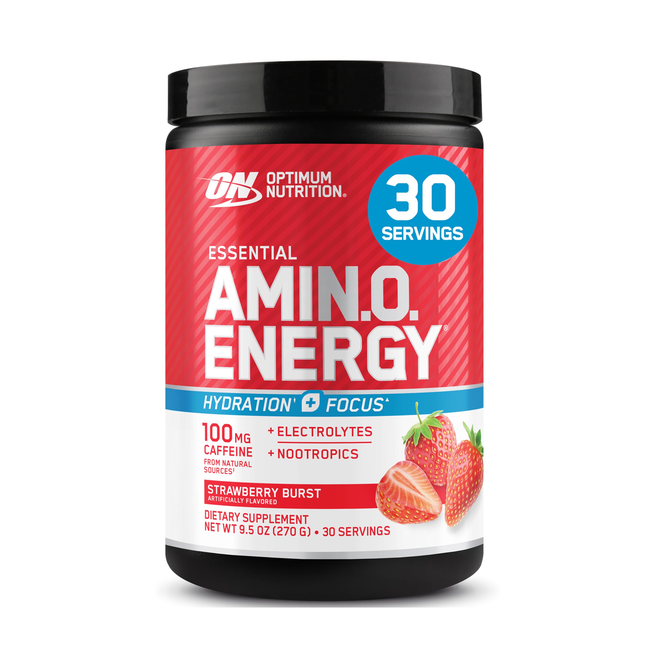 Optimum NutritionAmino Energy Powder Plus Focus, with BCAA, Electrolytes, and Caffeine, Juicy Strawberry, 30 Servings (Packaging May Vary)