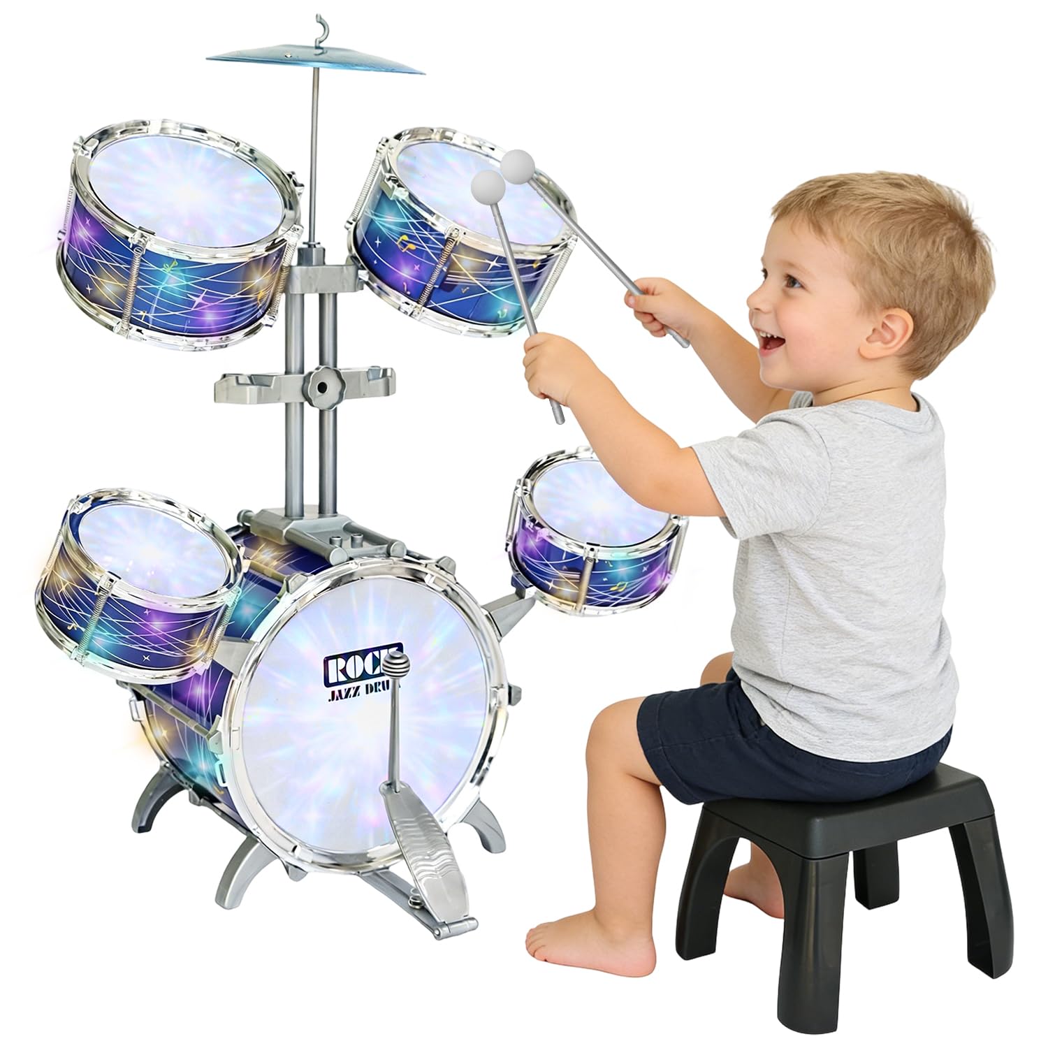 Photo 1 of Kids Drum Set for Toddlers 1-3, Upgraded Light Up 5-Piece Jazz Drum Kit with Stool, Bass Pedal & Cymbal, Musical Instrument Percussion Beginner Toy Gift for Boys Girls Ages 3-5 5-7