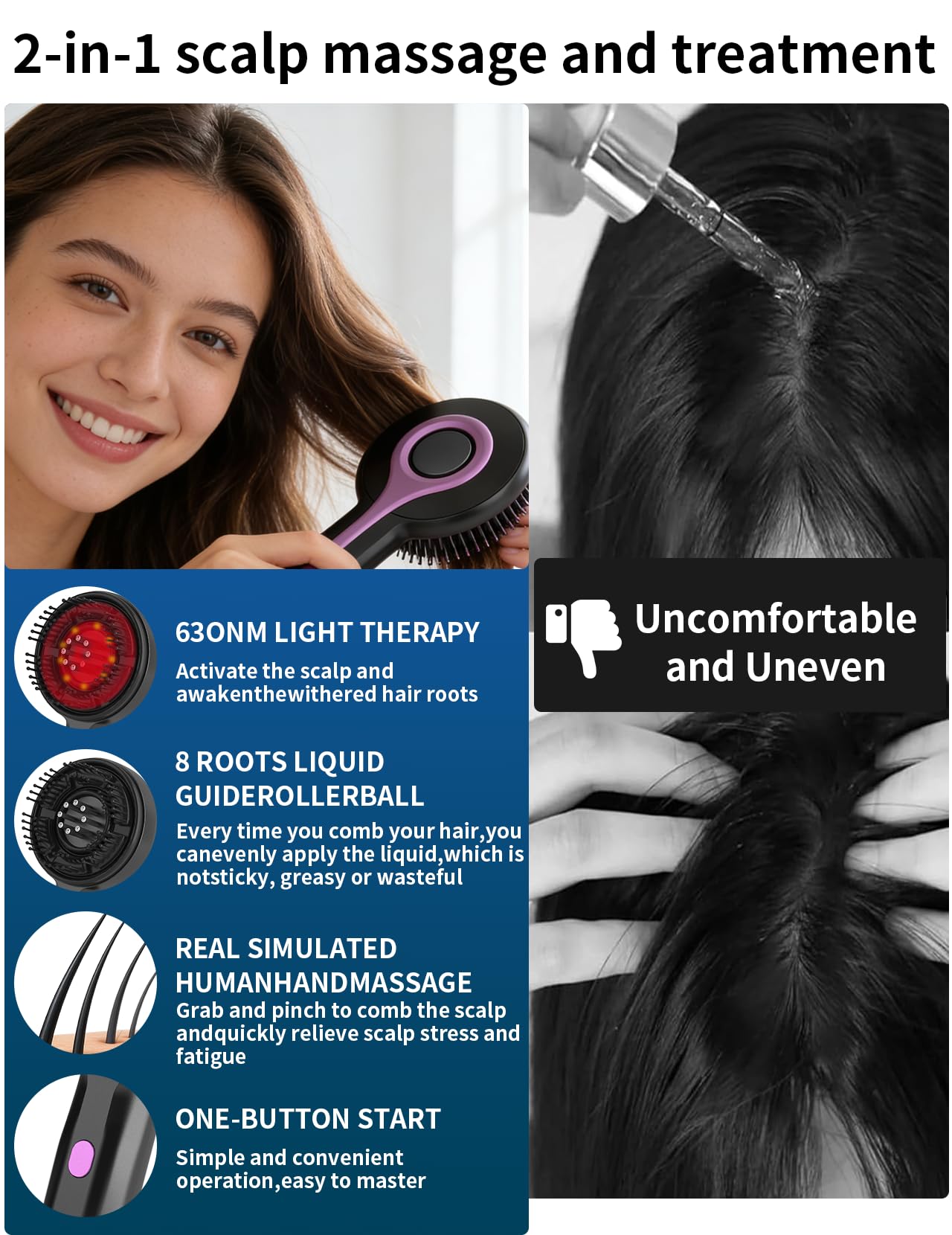 Kopfmassagegerät, 2 in 1 Kopfhaut Massagebürste Elektrisch mit Haaröl-Applikator, Rotlicht Kopfmassage Bürste Elektrisch, 3 Modi zur Massage und Kopfhautpflege (Schwarz)