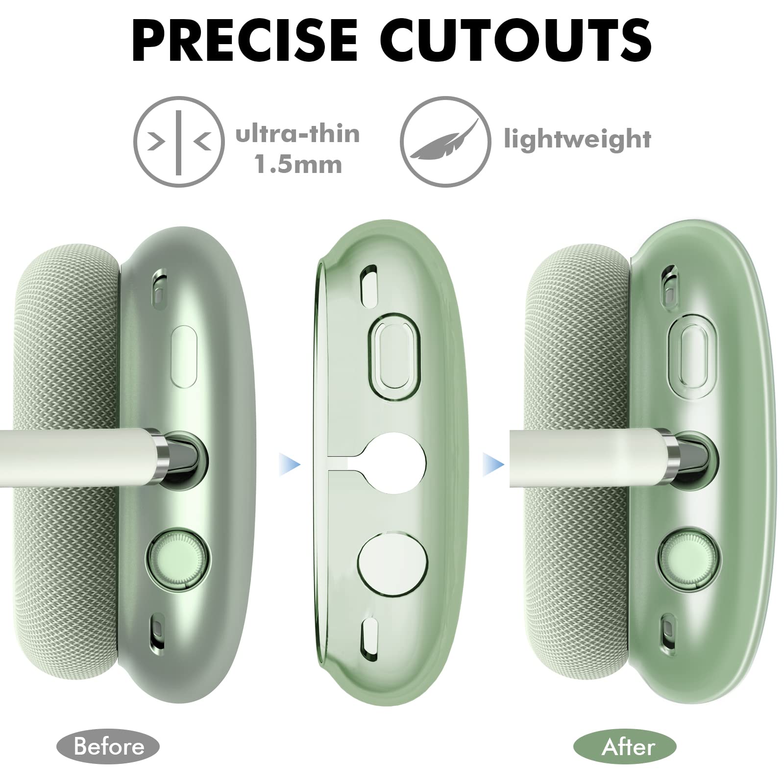 NIUTRENDZ Przezroczyste etui na AirPods Max, miękkie etui ochronne z tworzywa TPU, etui na uszy, akcesoria, odporne na odciski palców, odporne na zarysowania i kurz, przezroczyste zielone