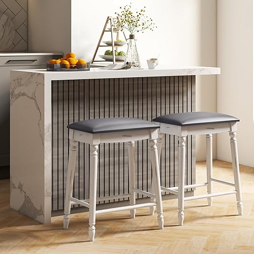 Miniatura 8 de Giantex Juego de 2 taburetes de bar de 24 pulgadas de altura de mostrador con asiento acolchado, patas de madera de goma, reposapiés y superficie