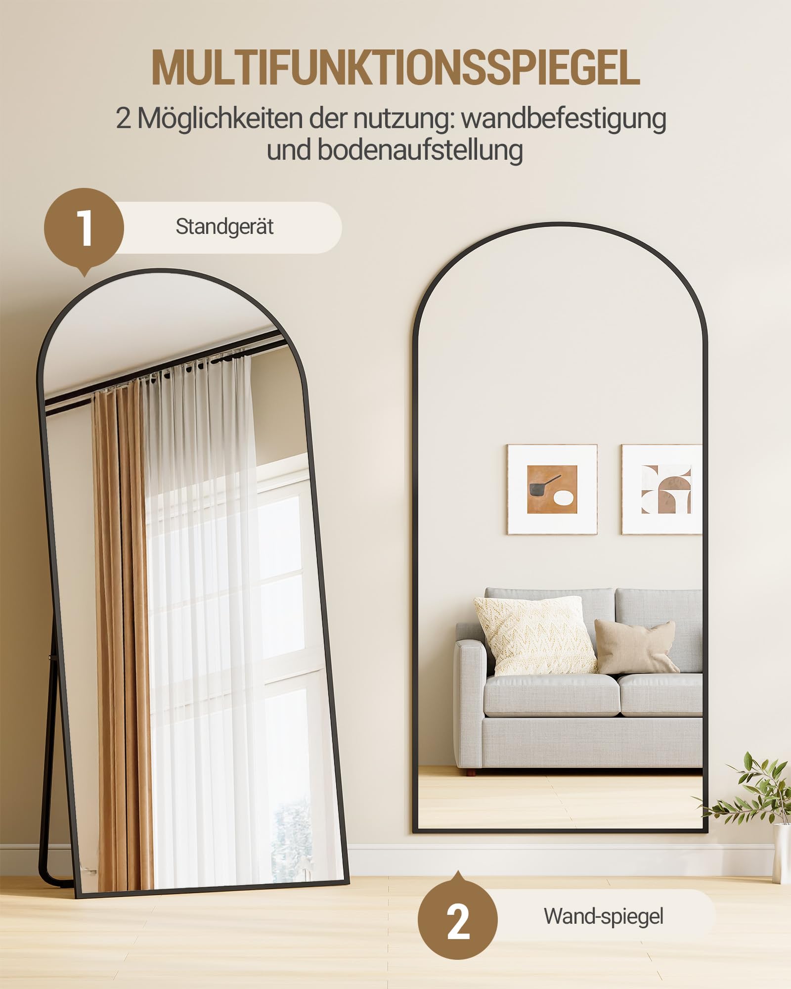 Hzuaneri Ganzkörperspiegel, 180 x 76 cm, Standspiegel mit Ständer, Ganzkörperspiegel zur Wandmontage, Hartglas, Rahmen aus Aluminiumlegierung, Für Schlafzimmer, Wohnzimmer,Schwarz DM42199B