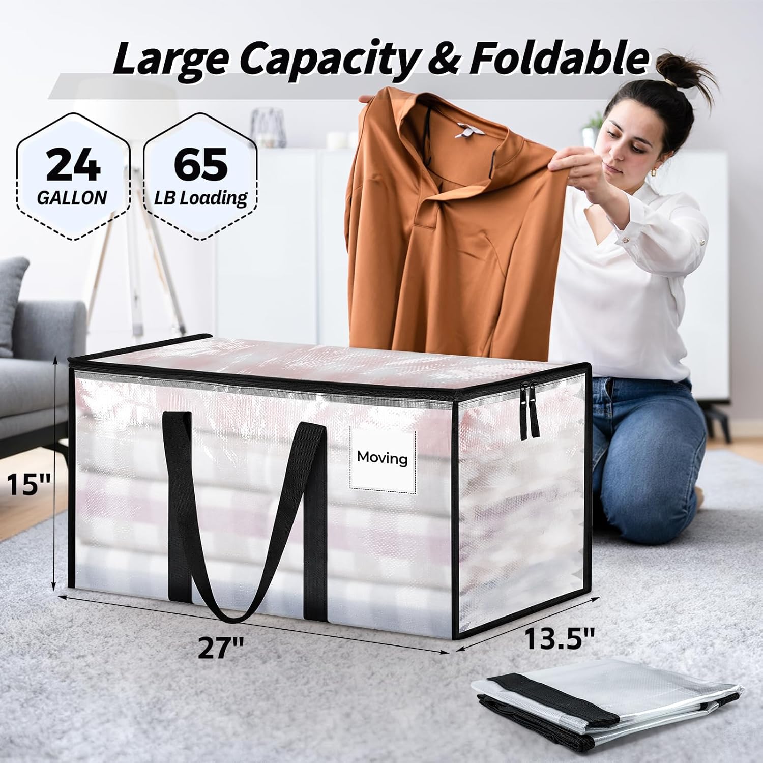8 Pack Extra Large Heavy Duty Moving Bags, Clear Storage Bins with Lids, Reinforced Handles & Heavy-Duty Zippers Moving Boxes Storage Bags Totes for Clothes Packing, Dorms, College Supplies, Clear - Image 2