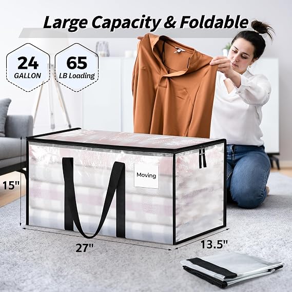 8 Pack Extra Large Clothes Storage Bins with Lids, Moving Bags, Clear