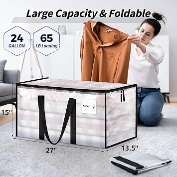 8 Pack Extra Large Clothes Storage Bins with Lids, Moving Bags, Clear