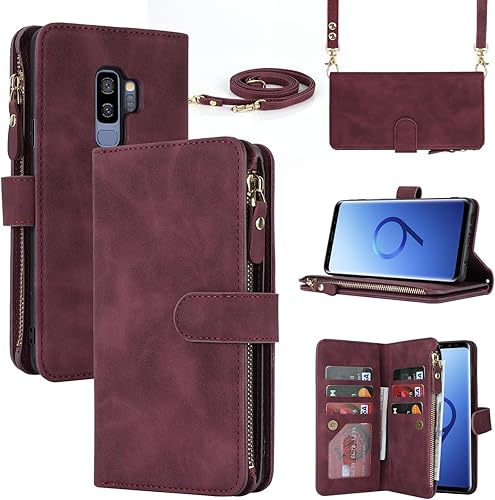 iCoverCase Funda tipo cartera para Samsung Galaxy S9 Plus con tarjetero para mujer, correa de cordón cruzado, funda de piel sintética con bolsillo