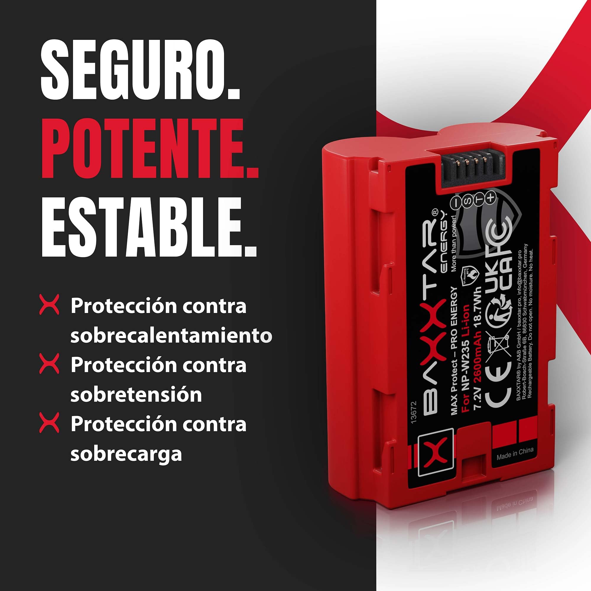 Baxxtar MaxProtect 2X Batería para Fujifilm NP-W235 W235, 2600mAh 7.2V