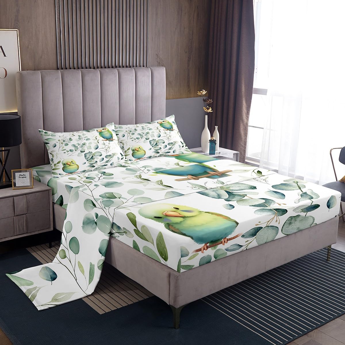 Erosebridal Cute Parrot Queen Size Sheet Sets for Kids Child Green Eucalyptus Bed Sheets Set Wild Animal Bird