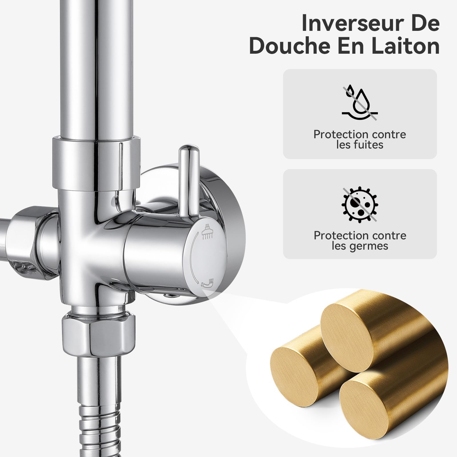 Auralum Colonne de Douche sans Mitigeur Chromé Mat en Laiton, Colonne Télescopique 65-110cm avec Tête de Douche Carré Pluie 10", Douchette à Main Réglable, Kit pour Baignoire et Salle de Bain