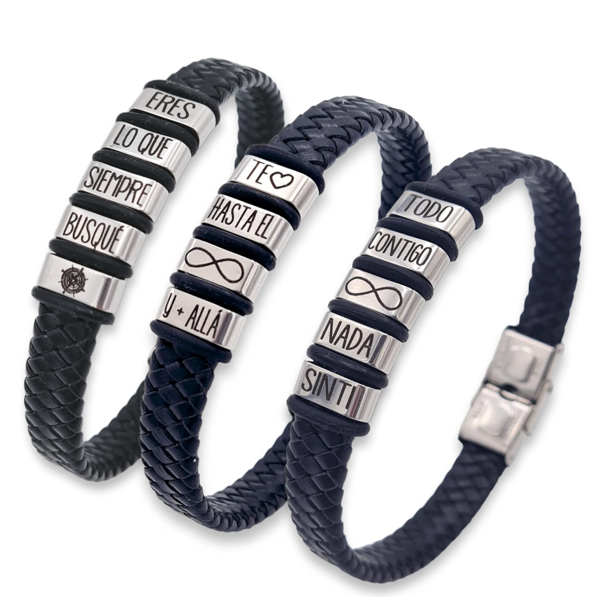 D.CORAZÓN ARTESANÍA HECHO A MANO Regalos para San Valentín. Pulsera para hombre con eslabones y cuero de acero inoxidable, talla ajustable. (Cuero Negro, ERES TODO LO QUE SIEMPRE BUSQUÉ)