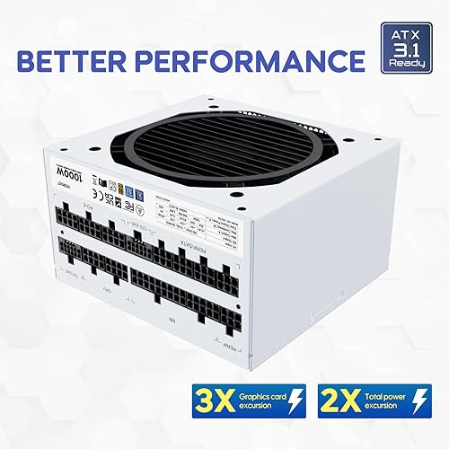 Miniatura 4 de Vetroo Fuente de alimentación blanca de 1000 W ATX 3.1 Ready Dual PCIe 5.1, 80 Plus Gold Full Modular, Modo Eco con ventilador FDB de 4.724 in,