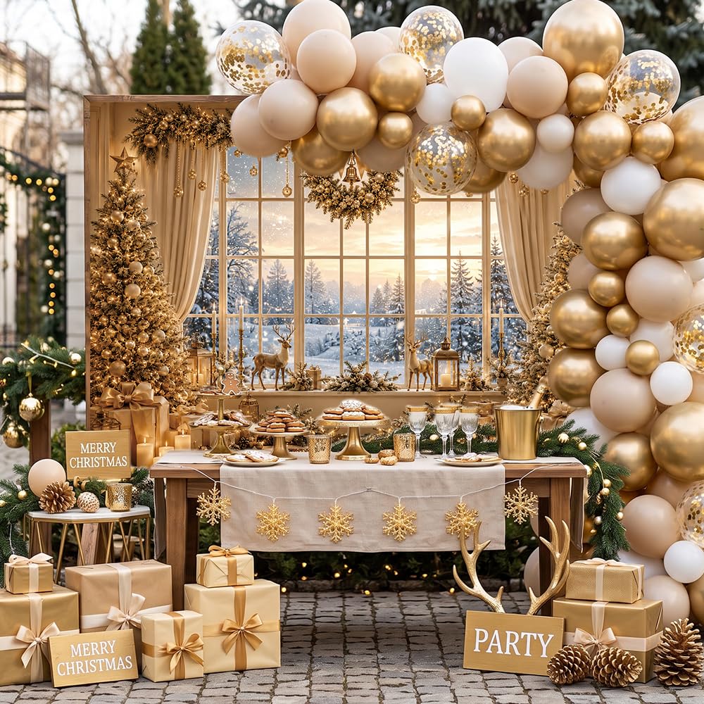 MEHOFOND Telón de fondo dorado para ventana de árbol de Navidad, 3 x 2,1 m