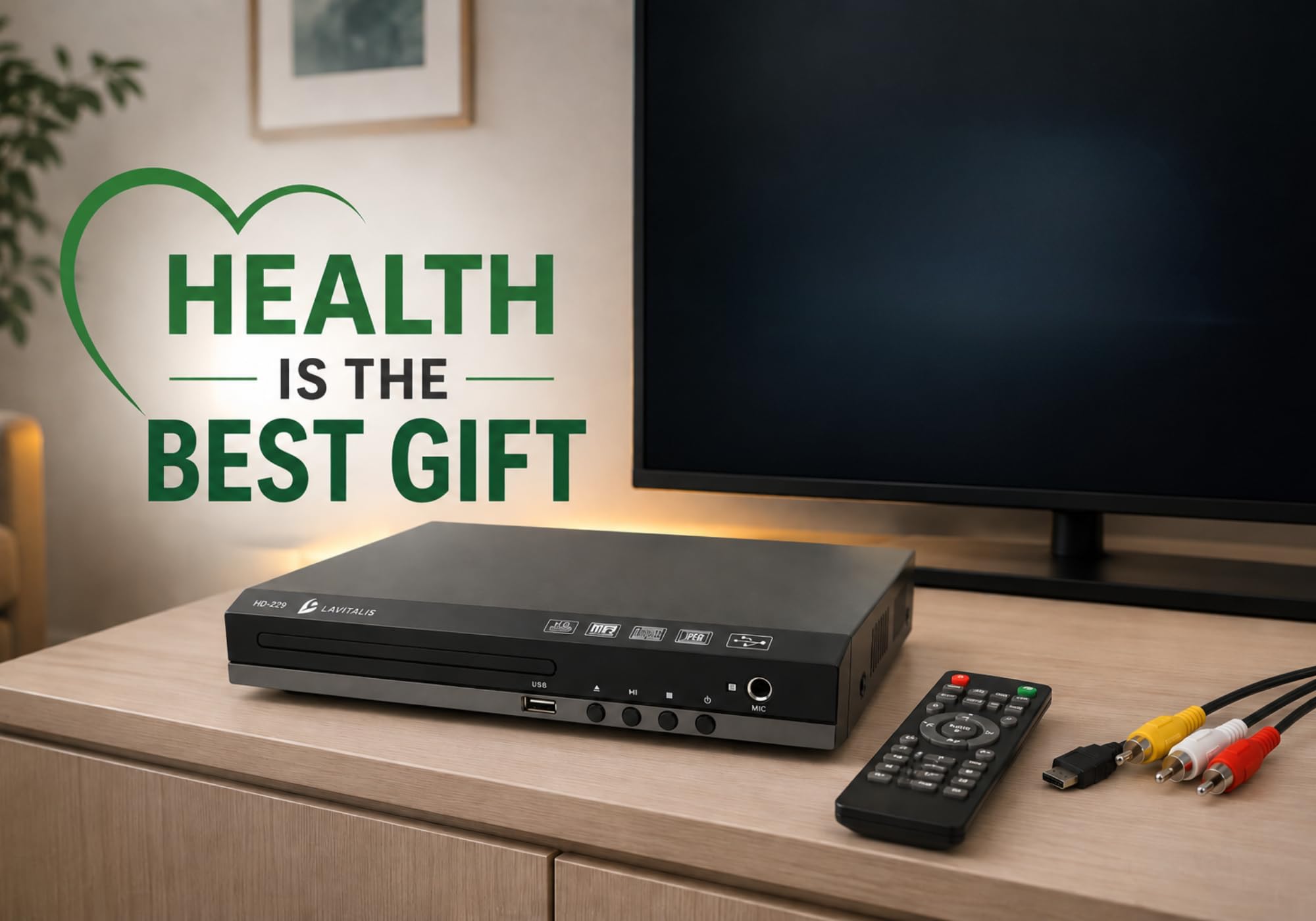 DVD-Player für Fernseher mit HDMI-Anschluss 1080P, DVD-/CD-Player für alle Regionen mit USB-Eingang, Fernbedienung, HDMI- und Cinch-Kabel im Lieferumfang enthalten, inklusive Bonus Stuhl-Übungs-DVD