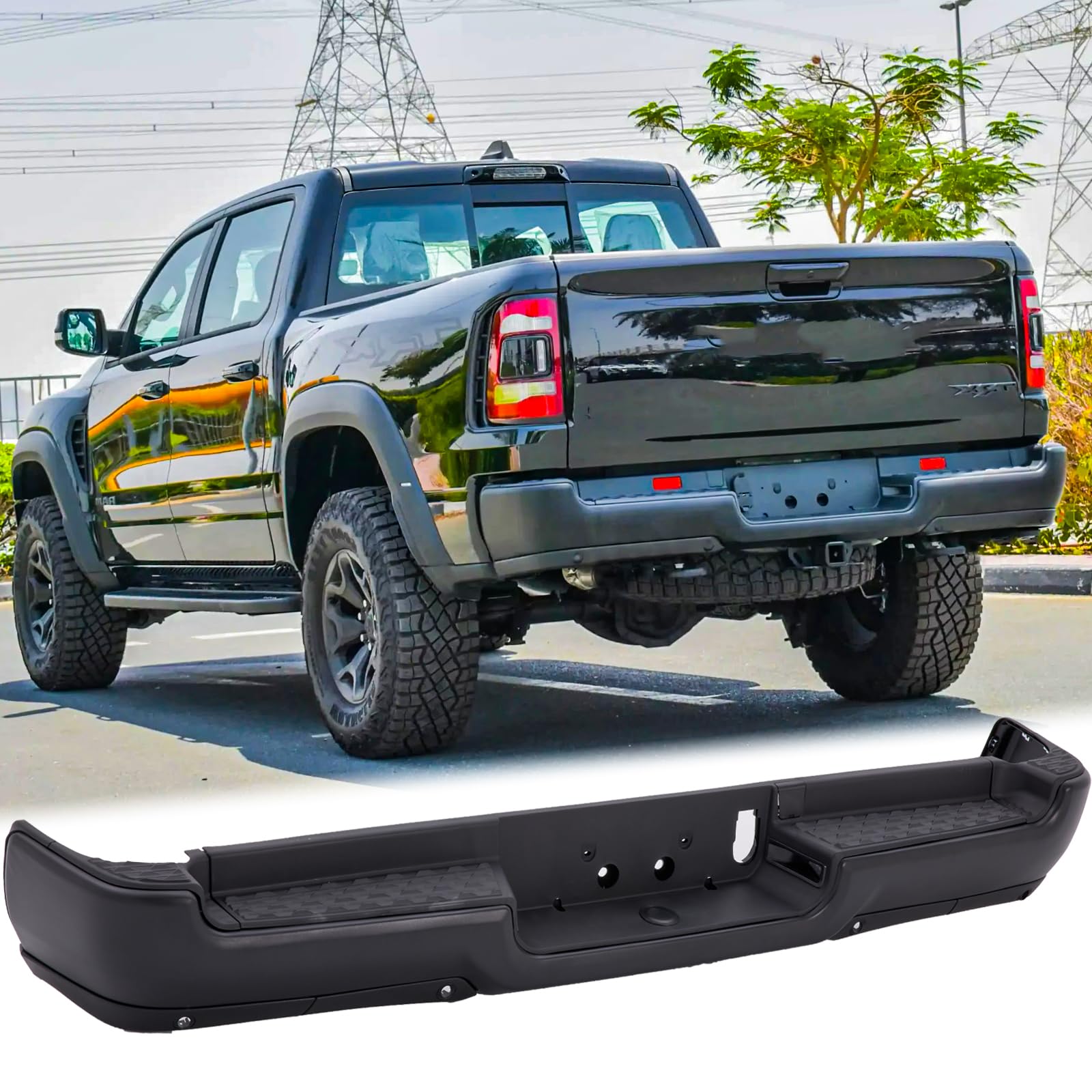 Rear Steel Step Bumper Assembly Compatible with 2019-2024 Dodge Ram 1500 without Dual Exhaust with Park Sensor Holes Black Back Bumper Replacement for CH1103133