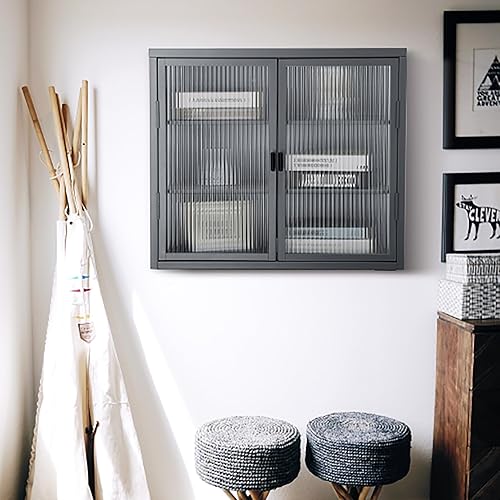 Miniatura 7 de Finca ancha Gabinete con puertas de cristal, gabinete de boticario de baño con 2 puertas y estantes ajustables de 27.6 pulgadas para cocina de pared