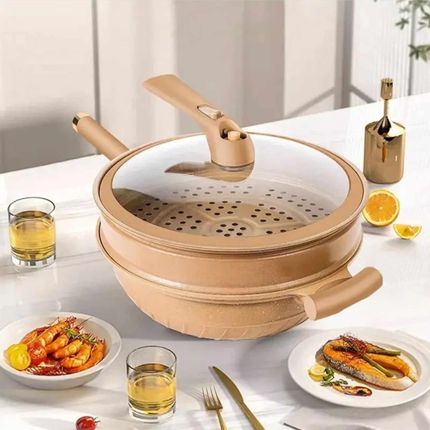 Ceramiczny wok z nieprzywierającą powłoką, szklaną pokrywką i koszykiem do gotowania na parze, 12,6-calowy wielowarstwowy garnek do gotowania, gliniany garnek mikrociśnieniowy ze szpatułką i akcesoria